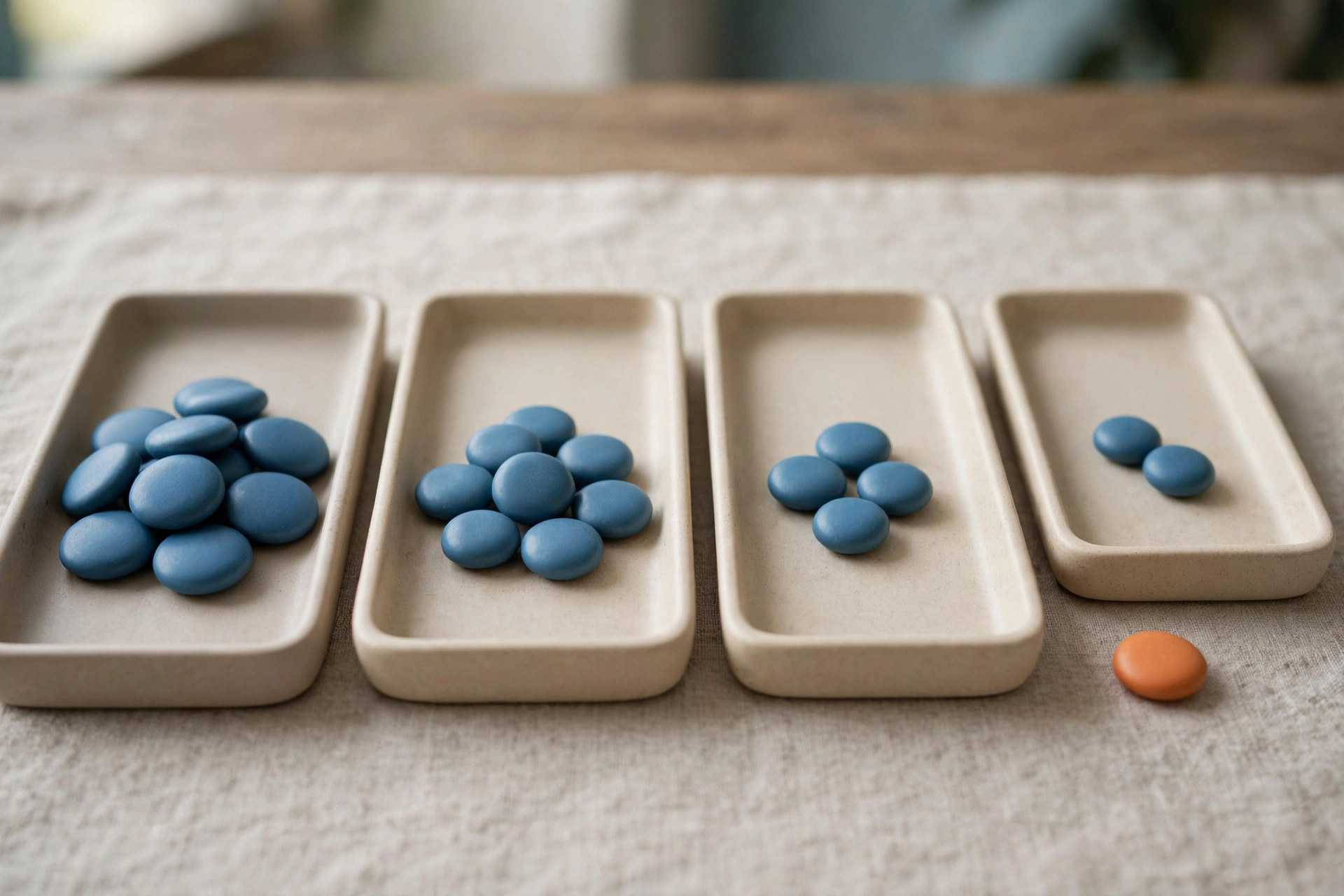 Four shallow trays hold decreasing groups of blue tokens, with one orange token set apart.
