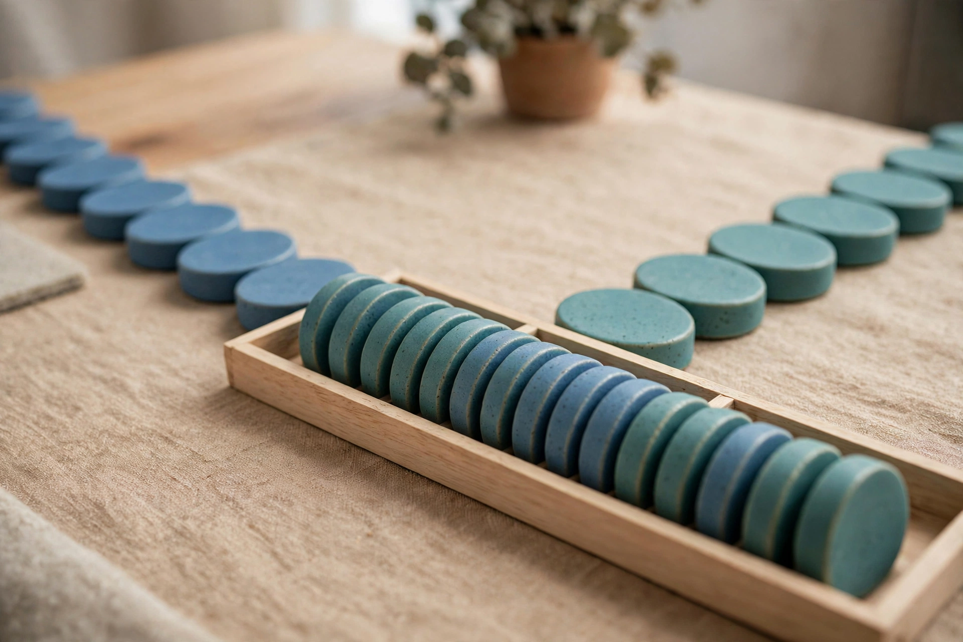 Two streams of blue and teal ceramic tokens converge into a single row in a wooden tray on a textured surface.