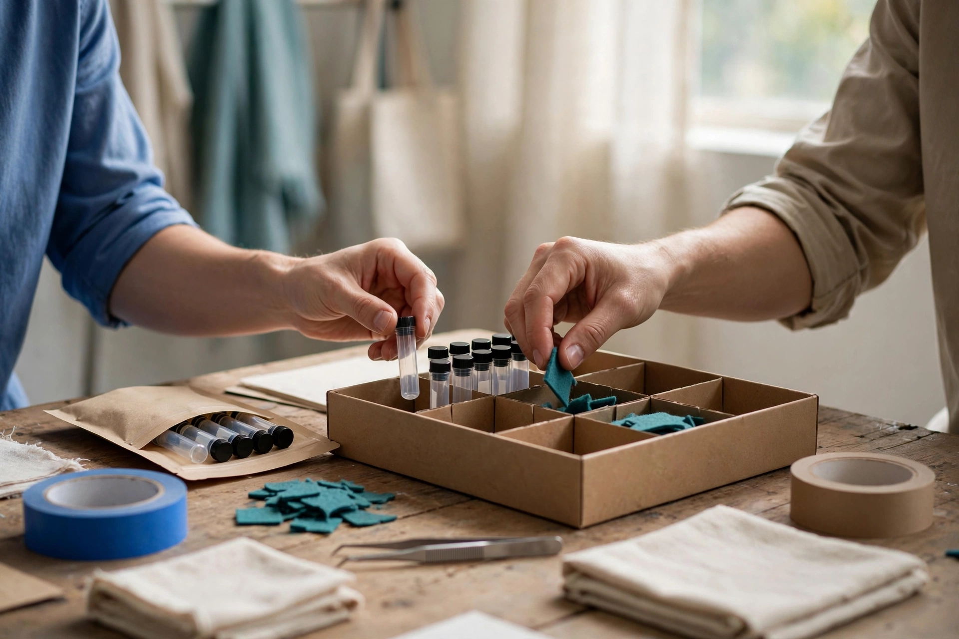Two people are working together at a wooden table, preparing small vials and teal fabric samples in a studio setting.