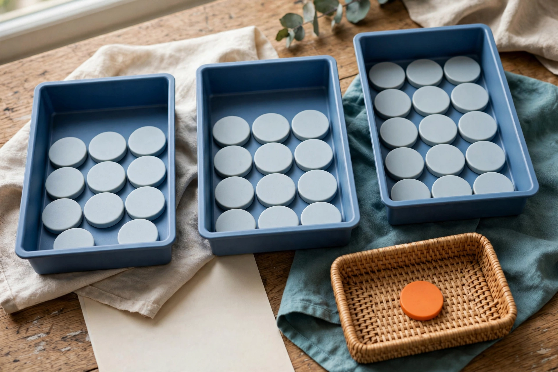 Three blue trays with blank tokens and a separate basket with an orange token are arranged on a wooden surface.
