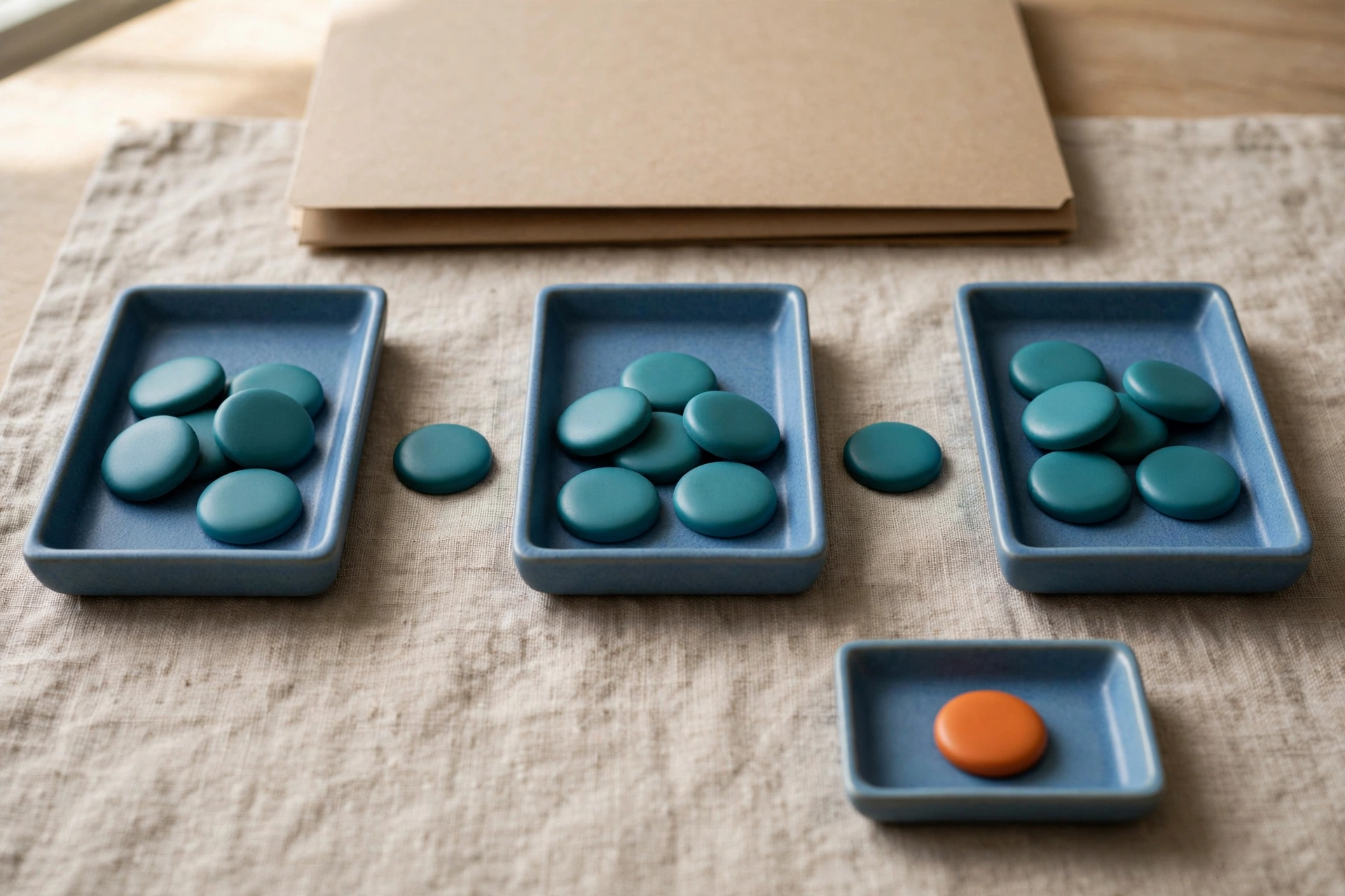 Three blue trays with teal tokens are arranged left to right, with a separate tray holding an orange token, and a folder behind.