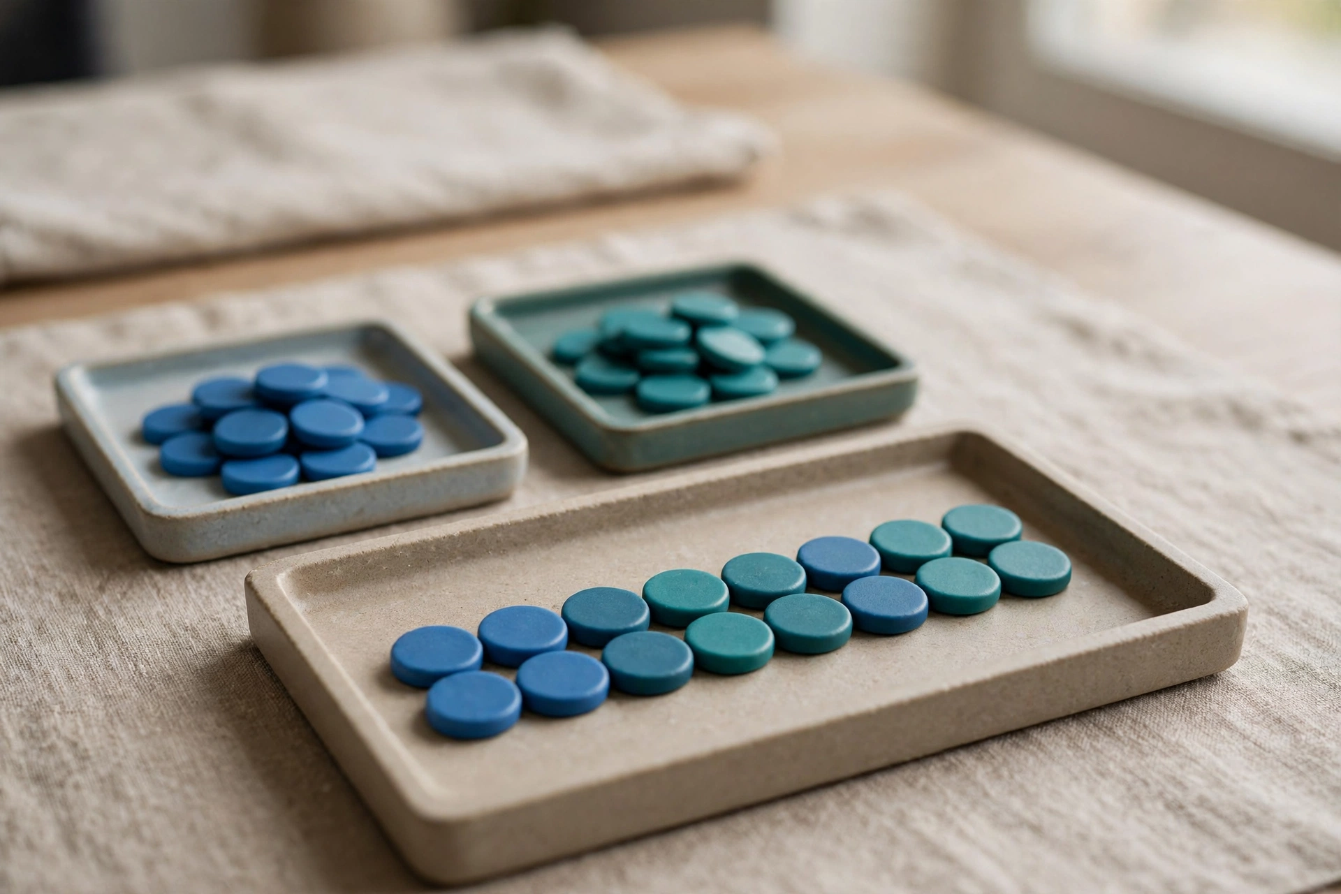 Two trays of blue and teal tokens are combined into a single tray of sorted tokens.