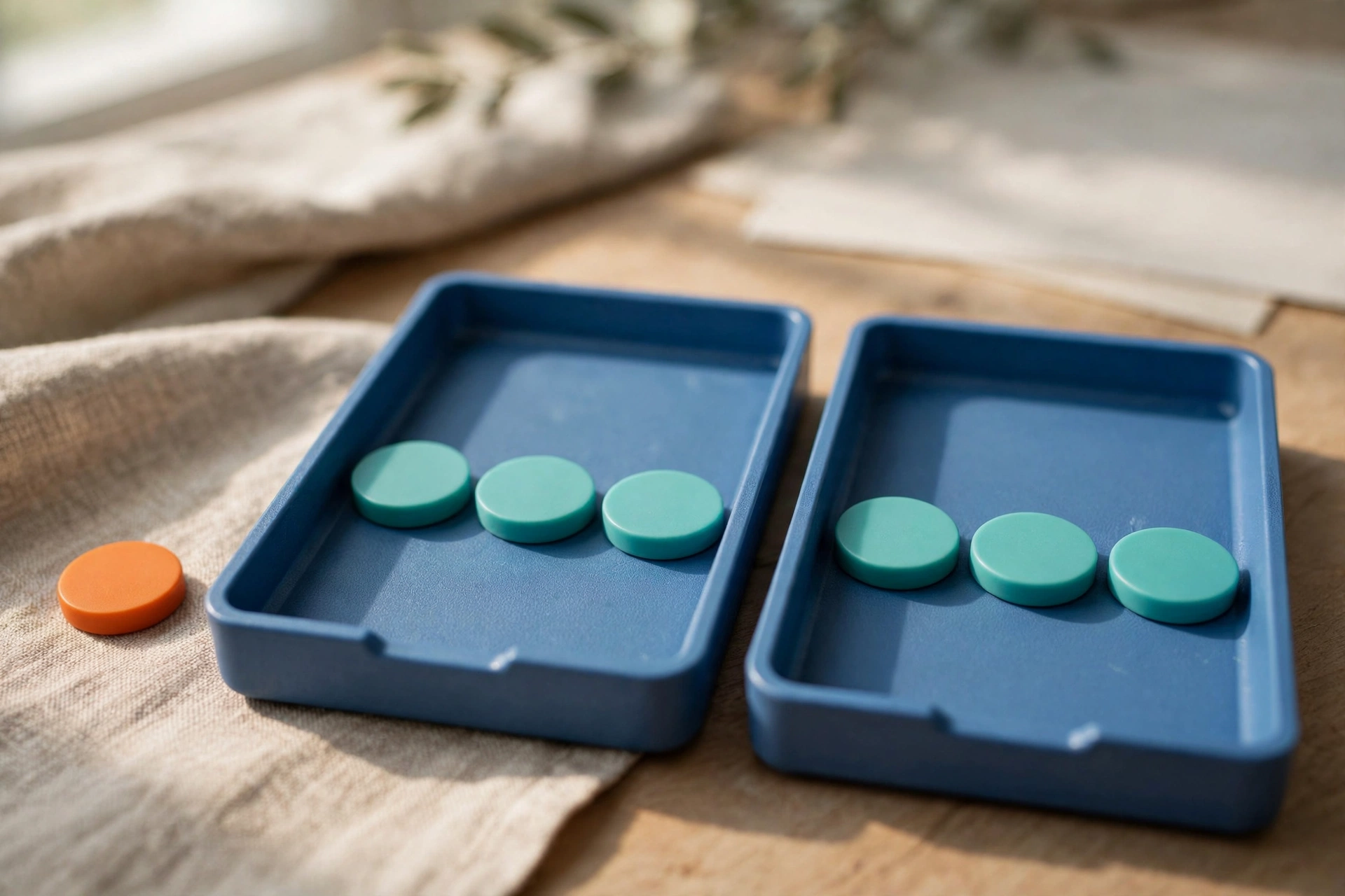 Two blue trays hold teal tokens, with an orange token outside one tray on a wooden surface.