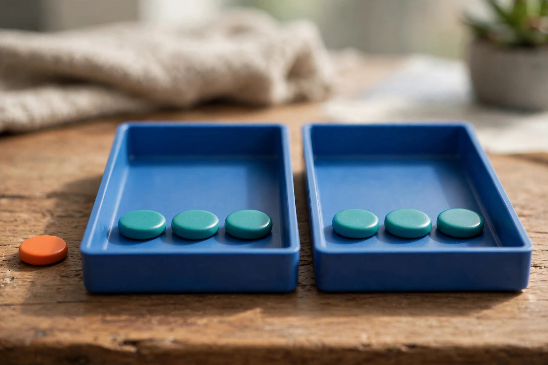 Two blue sorting trays sit on a wooden surface, each containing teal tokens, with an orange token placed outside the left tray.