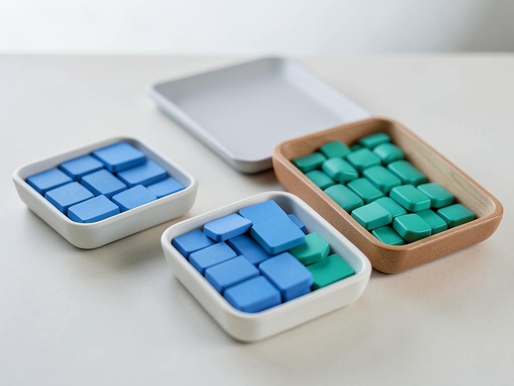 Three trays of tokens, two separate blue and teal, and one combined, are arranged on a white surface.