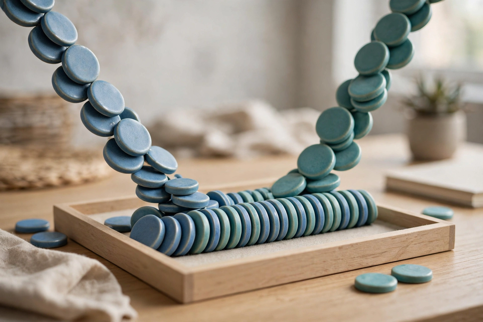 Two streams of blue and teal ceramic tokens converge into one neat ordered row inside a shallow sorting tray on a wooden desk.