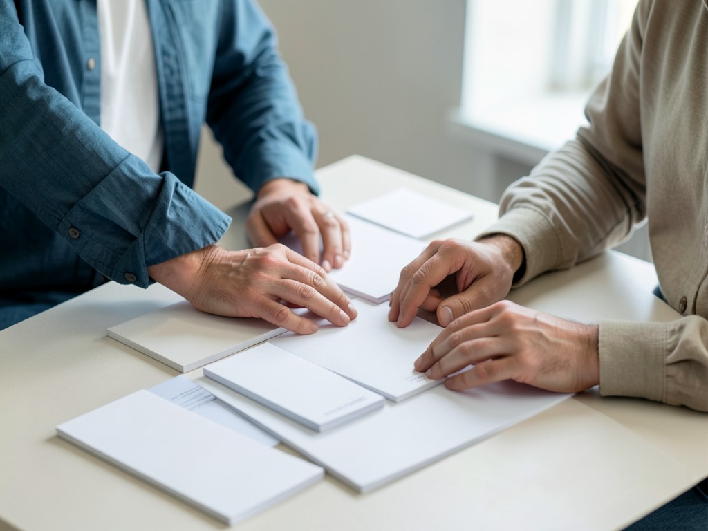 Two colleagues sit at a table, reviewing stacks of blank white papers and envelopes.