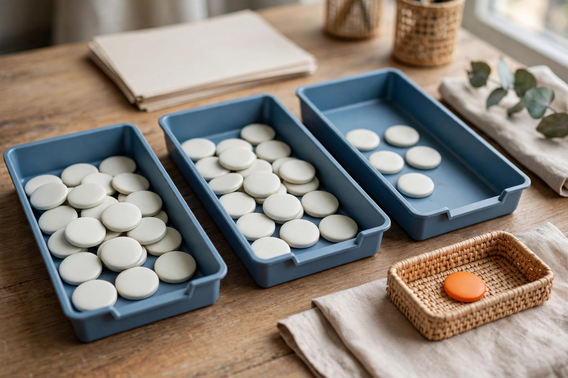 Three blue sorting trays with white tokens and a small woven basket with an orange token are arranged on a wooden desk.