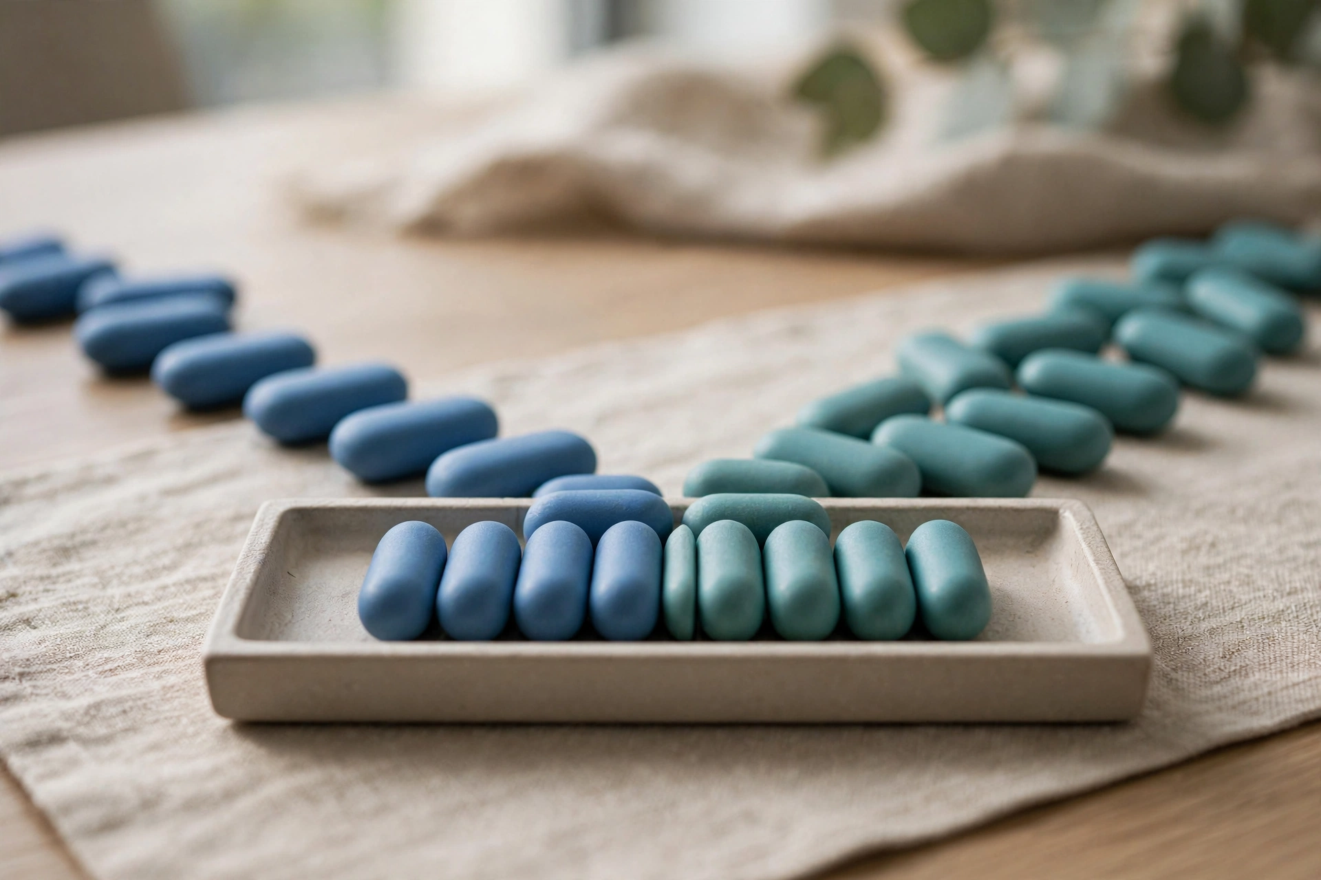 Two streams of blue and teal ceramic tokens converge into a neat ordered row inside a shallow sorting tray on a table.