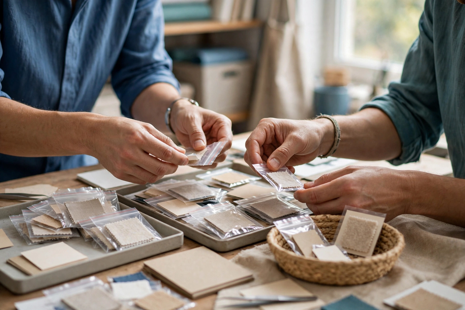 Two people in a studio examine small fabric samples in plastic bags laid out on a table.