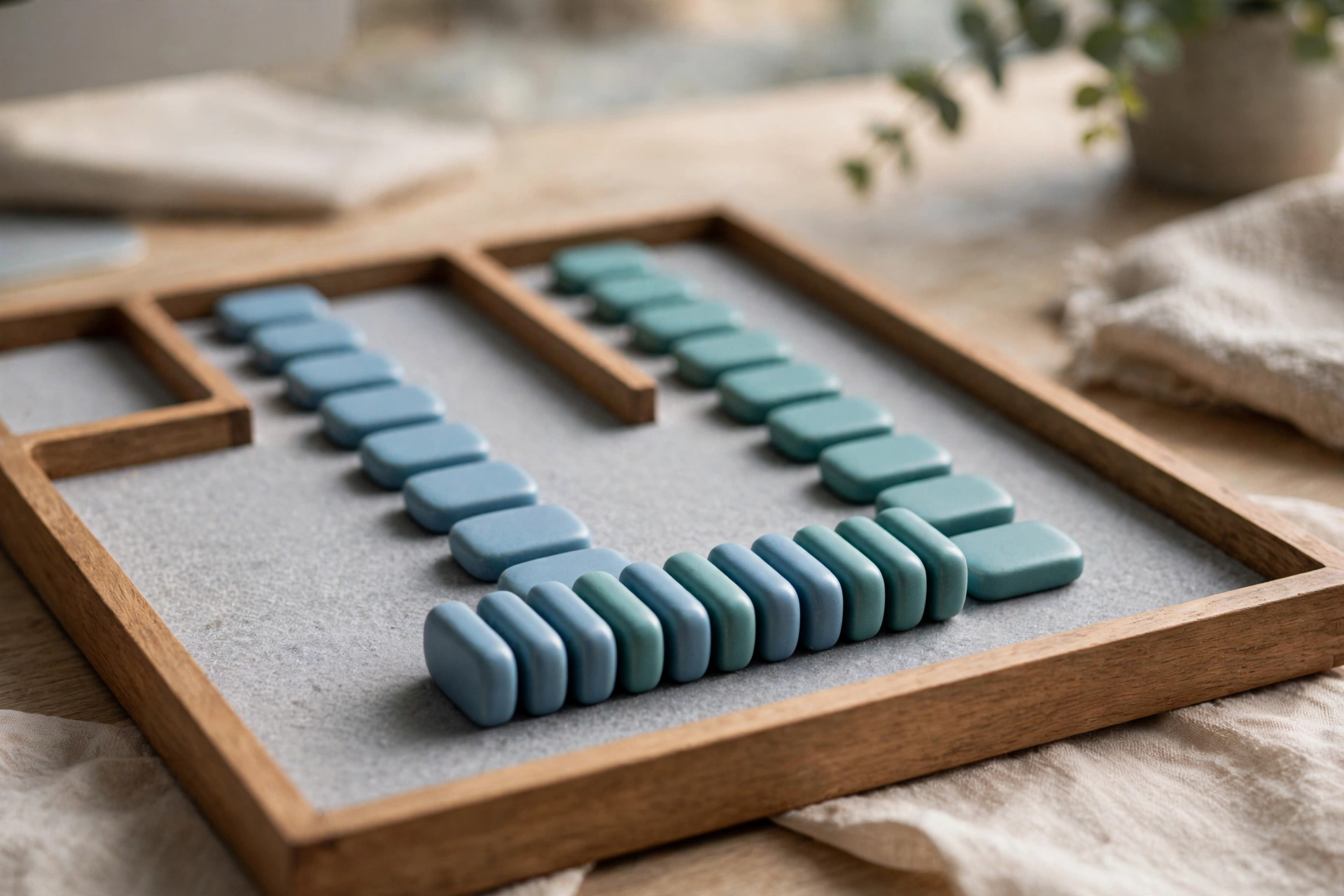 Two streams of smooth blue and teal ceramic tokens converge into one neat ordered row inside a central shallow sorting tray.