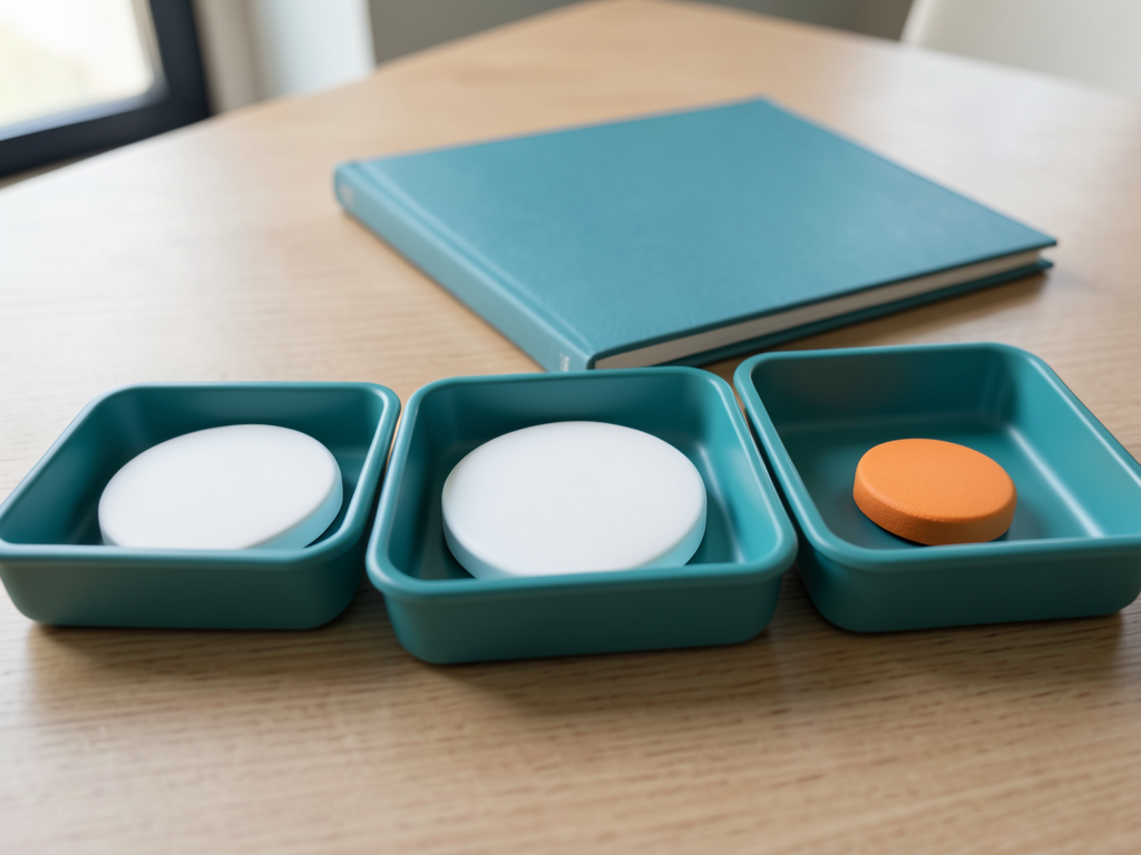 Three teal sorting trays with blank tokens and one orange token sit on a wooden desk next to a teal folder.