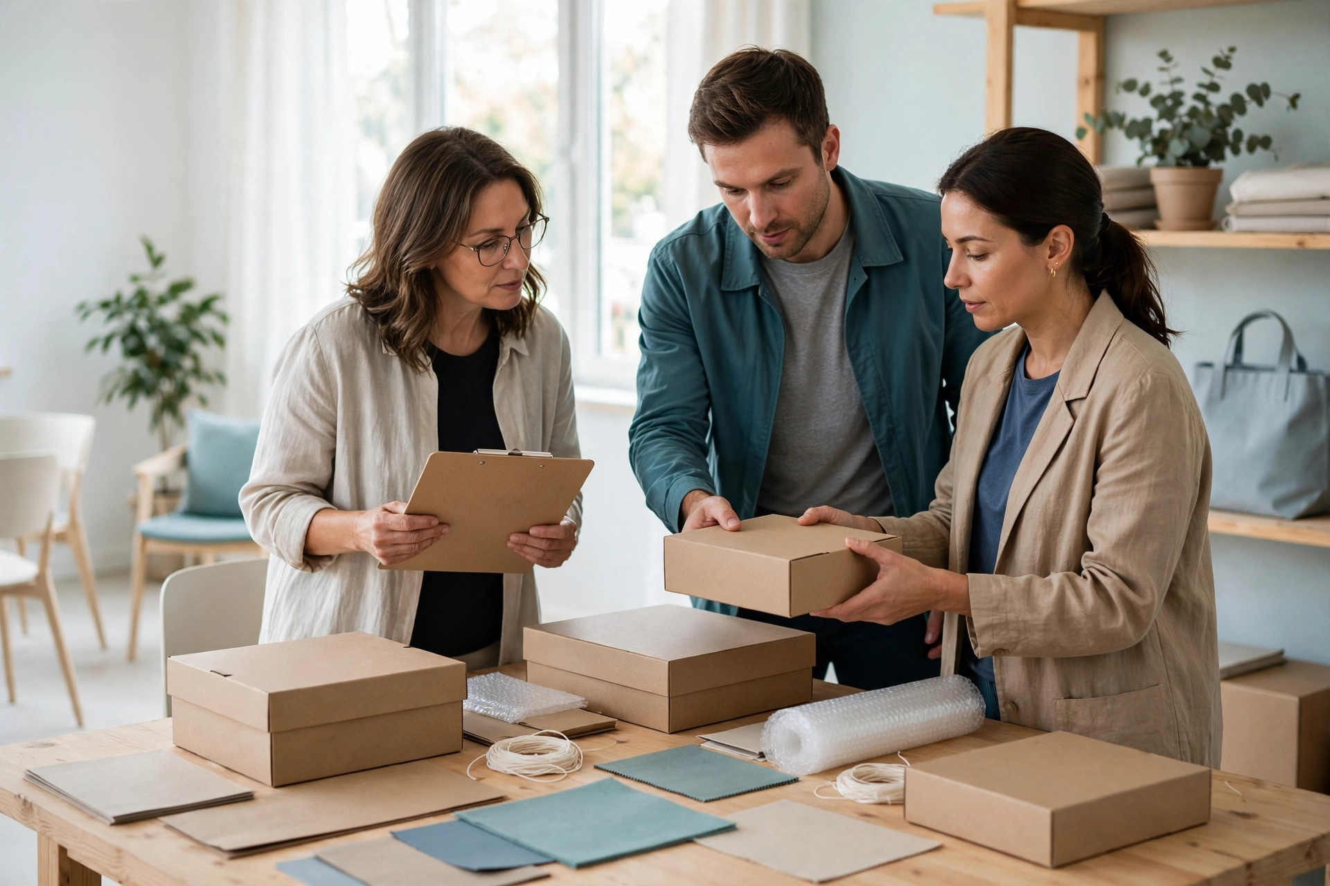 A woman with glasses holds a clipboard while a man and another woman examine a box on a table in a bright room.