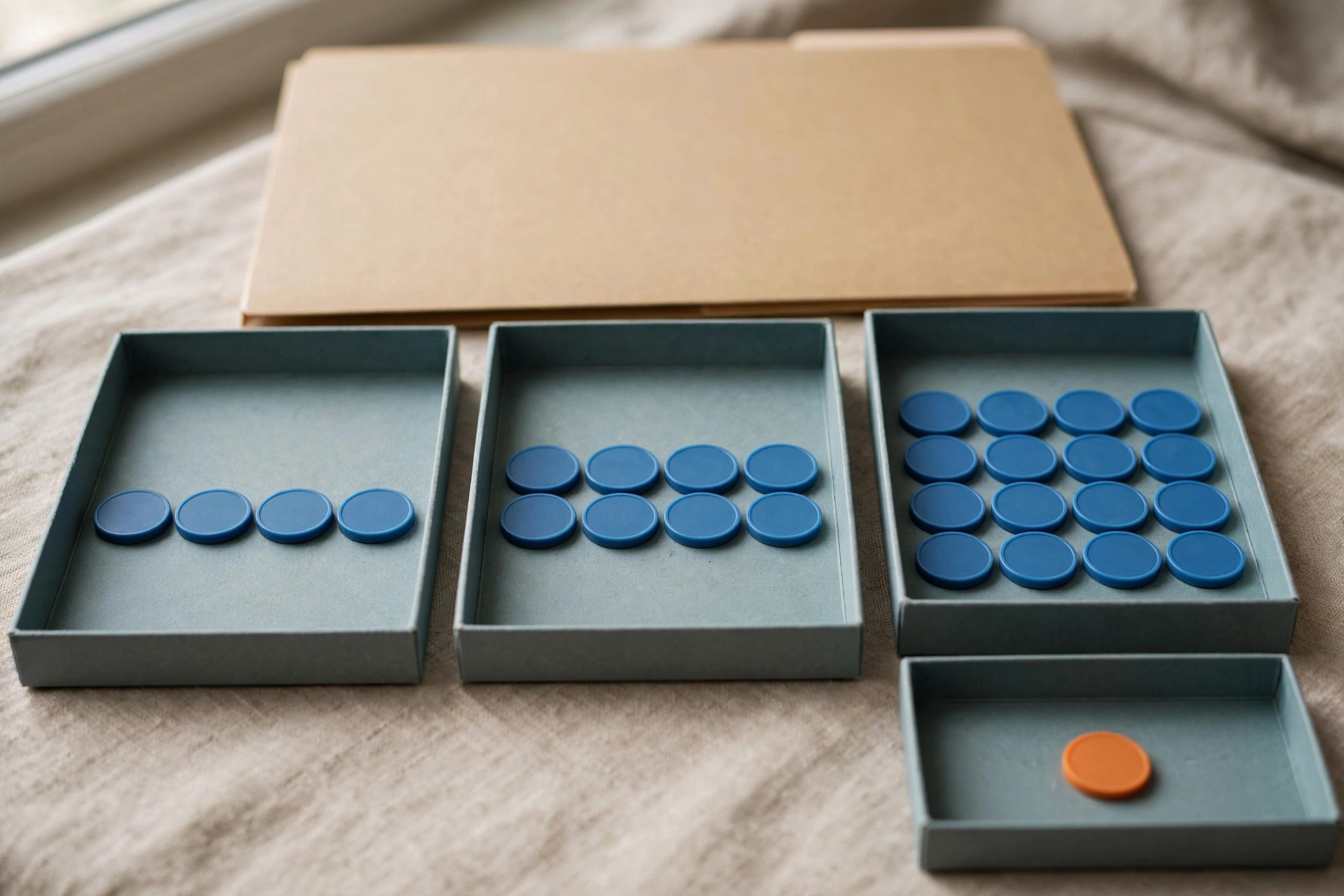 Three shallow office trays with blue tokens progress from left to right, with a fourth tray holding a single orange token to the right.