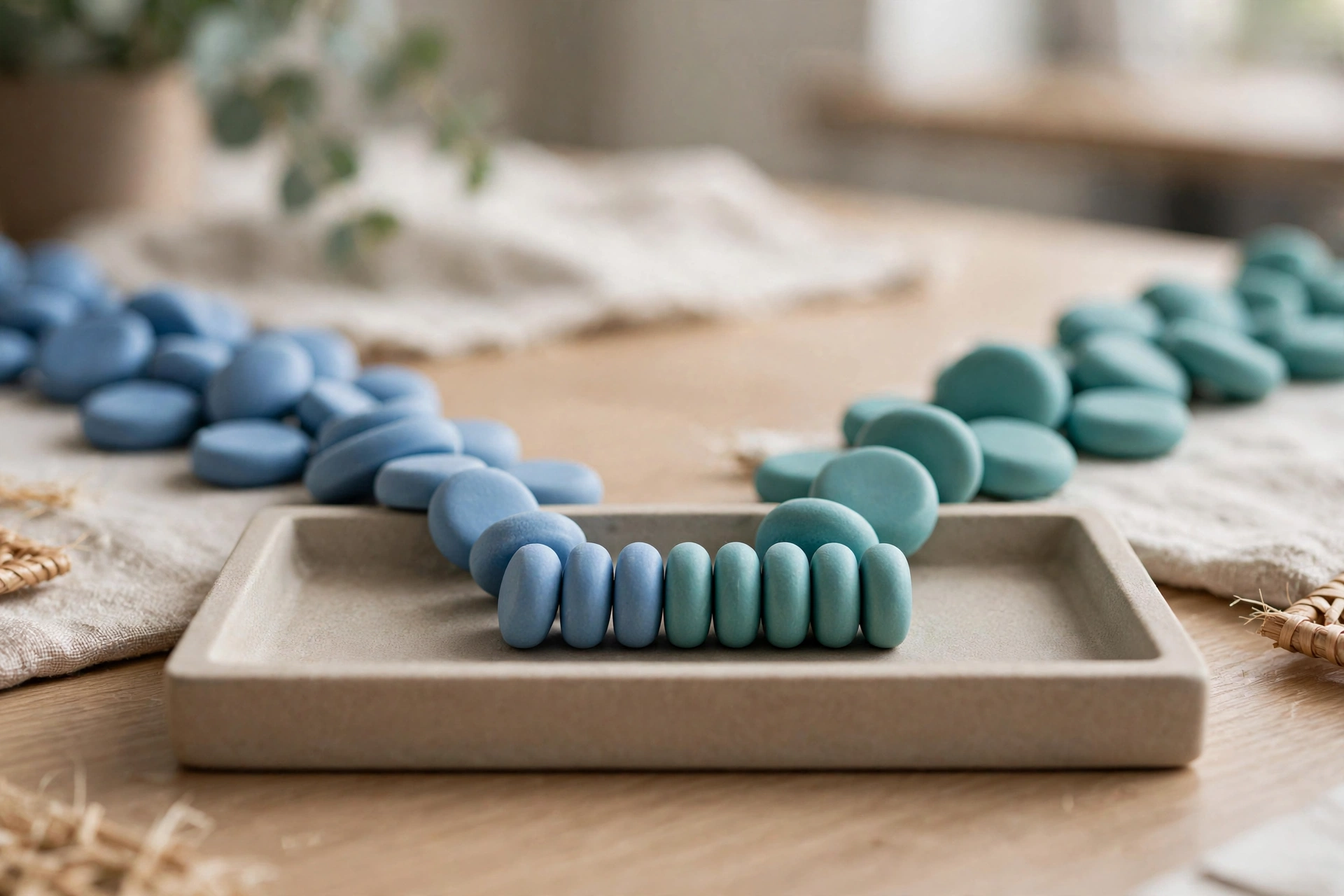 Two streams of blue and teal tokens converge into a single ordered row within a shallow sorting tray.