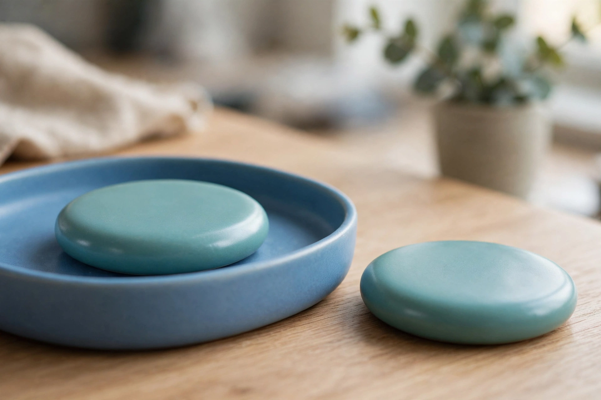 Two identical teal discs are shown, one resting in a blue tray and the other placed separately on a wooden desk.