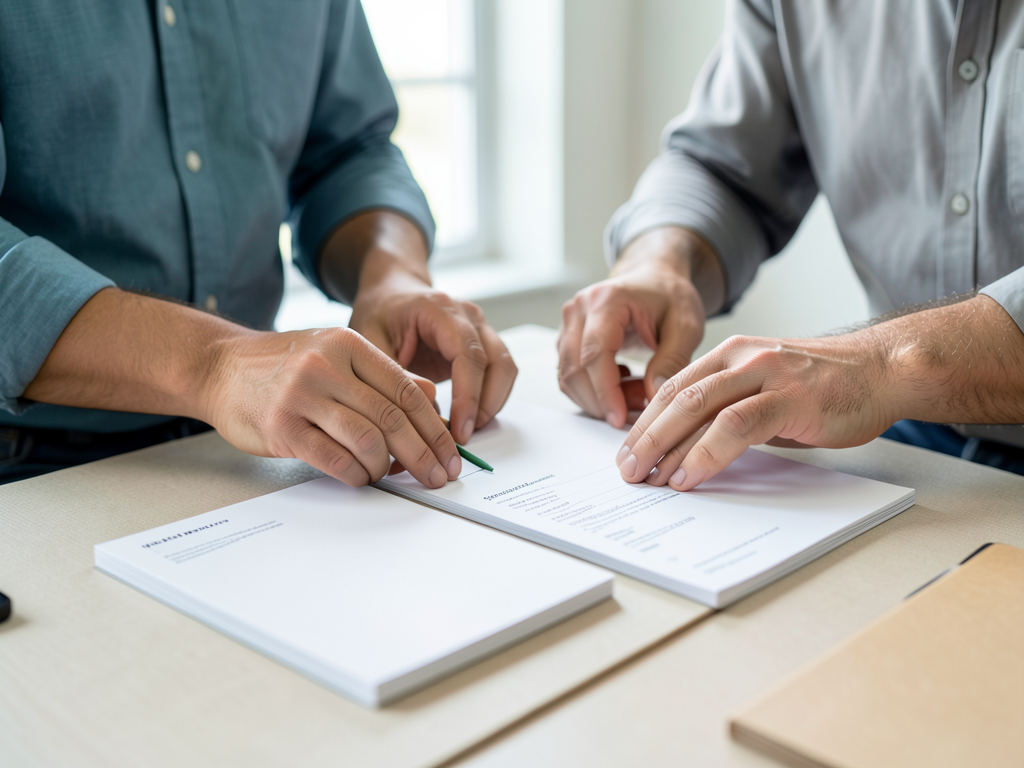 Two colleagues sit at a table, reviewing stacks of documents and pointing at them with their hands.