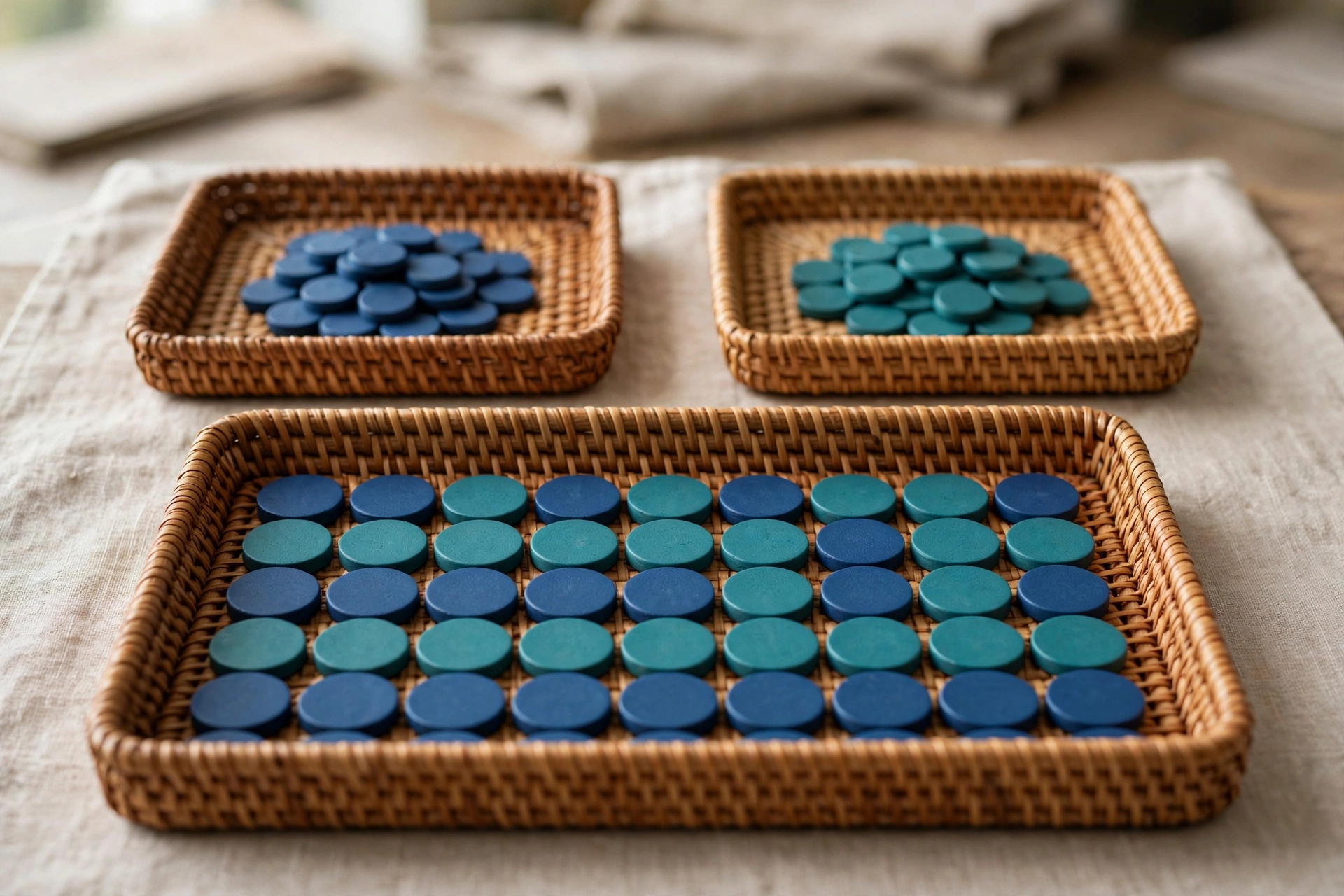 Three woven trays hold blue and teal tokens, with one tray showing a neat sequence of both colors, representing integration.
