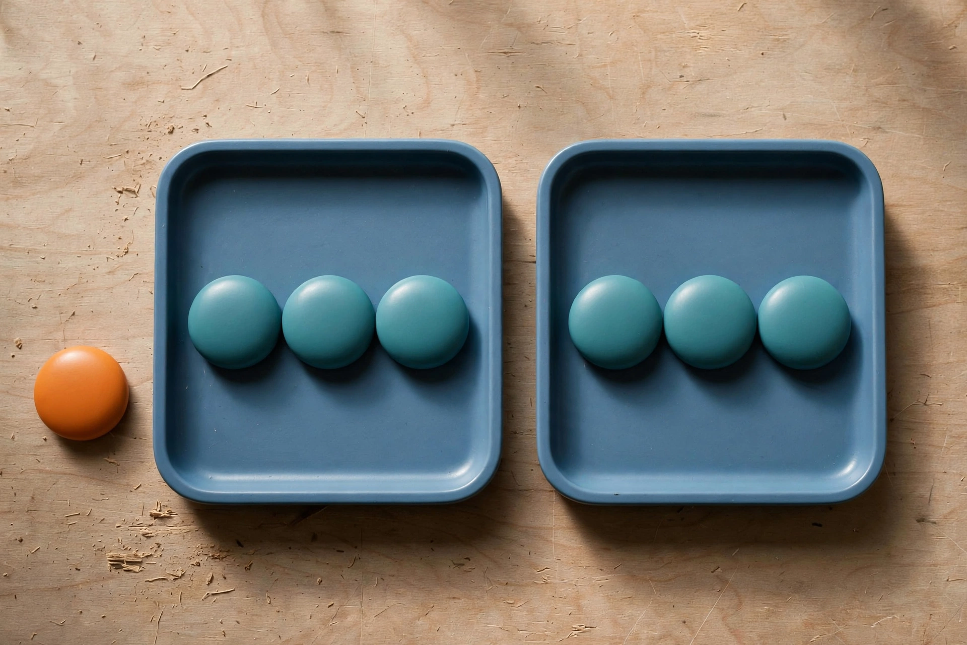 Two blue trays with teal tokens and an orange token sit on a wooden surface.