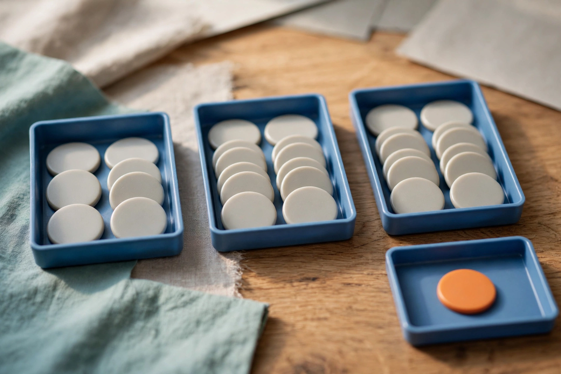 Three blue trays with white tokens and one blue tray with an orange token are arranged on a wooden surface.