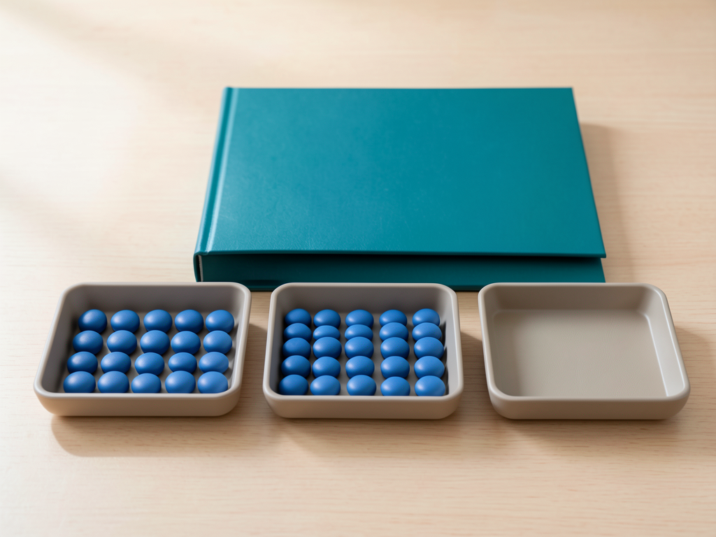 Three shallow trays with blue tokens and a teal folder are arranged on a wooden desk.