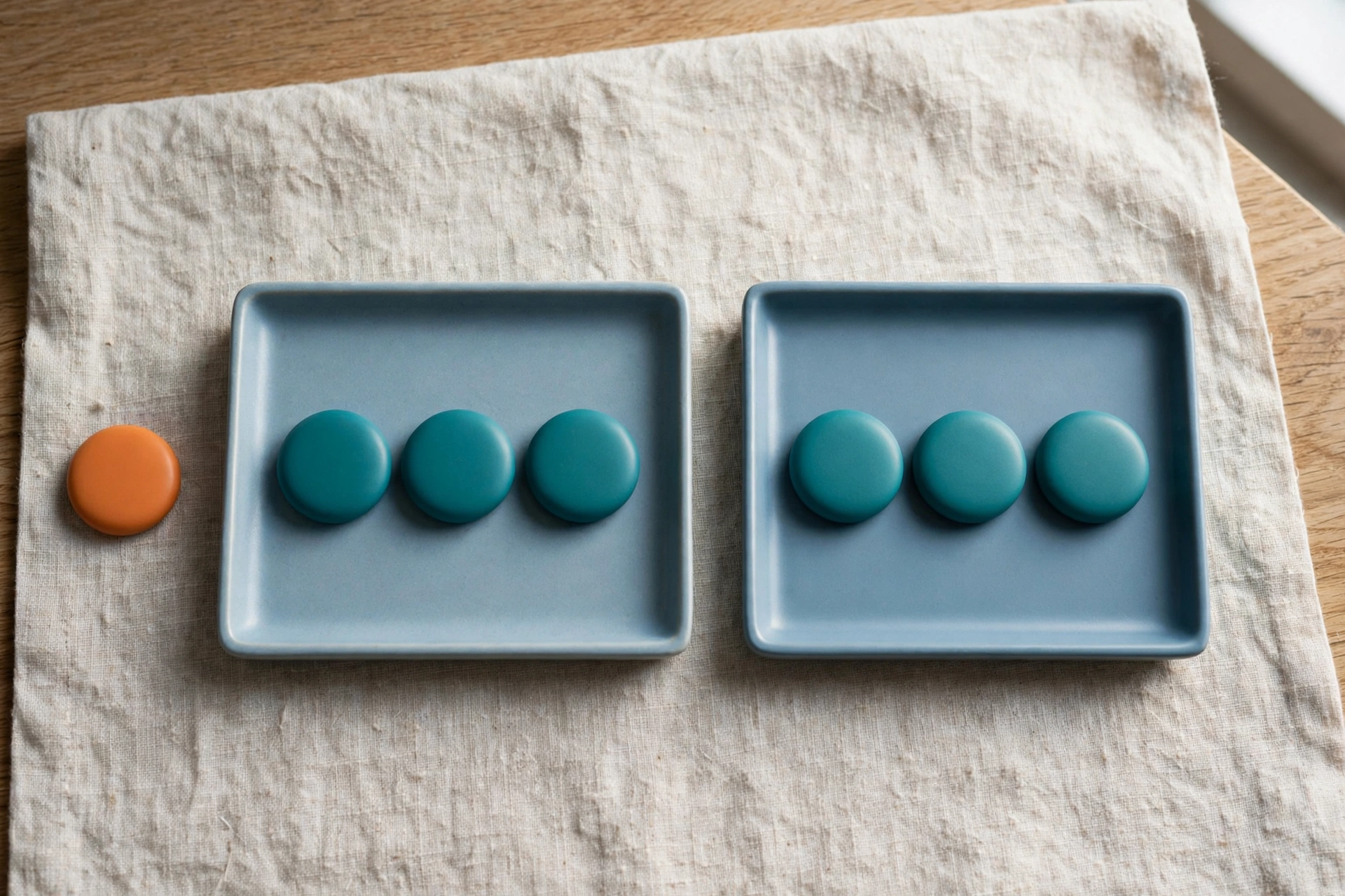 Two blue trays hold teal tokens, with an orange token beside one tray on a textured cloth.