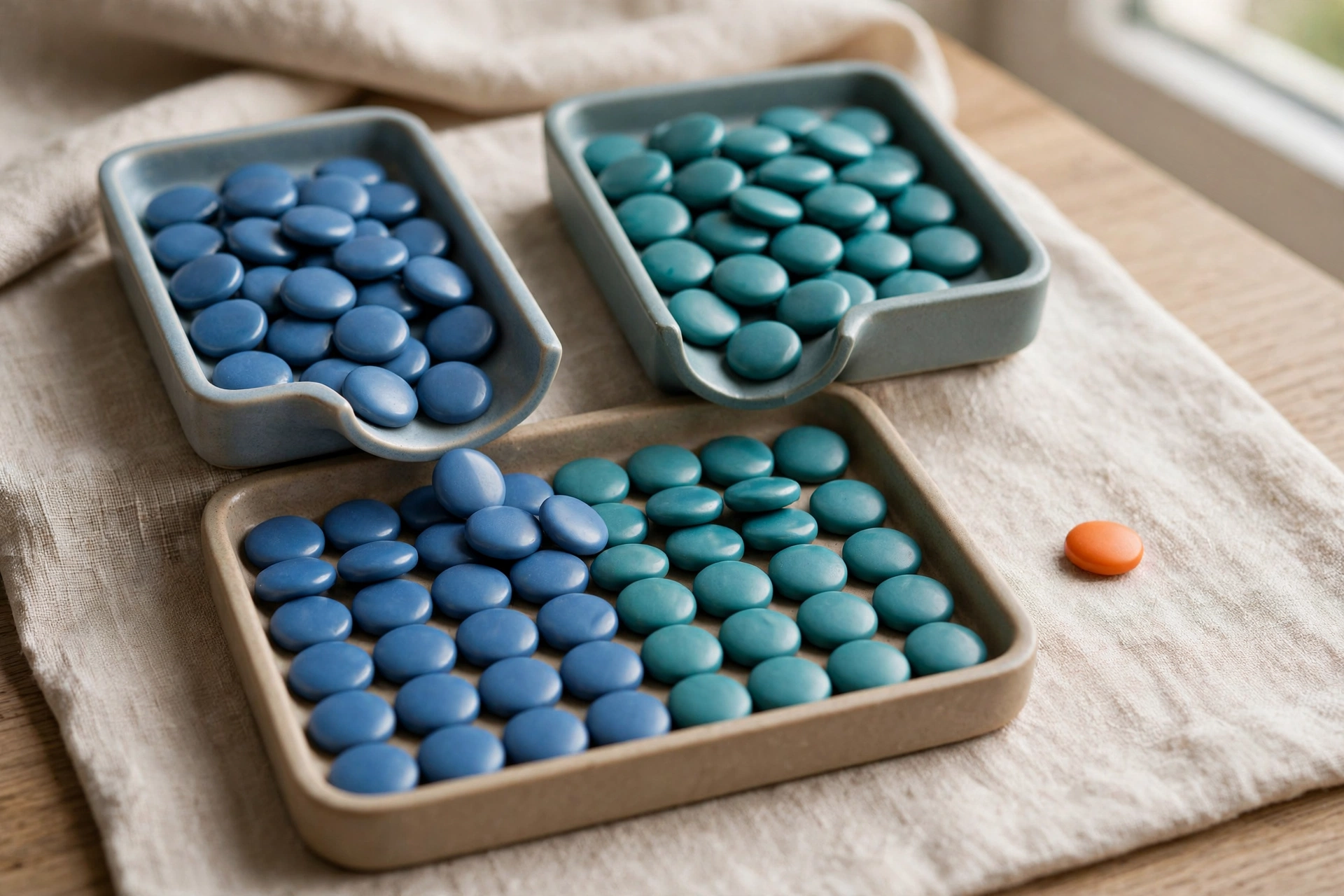 Two shallow trays of blue and teal tokens converge into a single larger tray, with one orange token isolated nearby on a textured cloth.