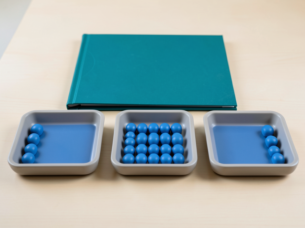 Three trays with blue tokens and a teal folder are arranged on a wooden desk, symbolizing a project handoff.