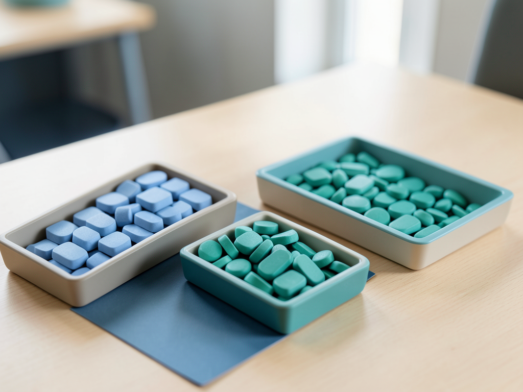 Three trays of tokens, two with separate blue and teal colors and one with a combined sequence, sit on a wooden table.