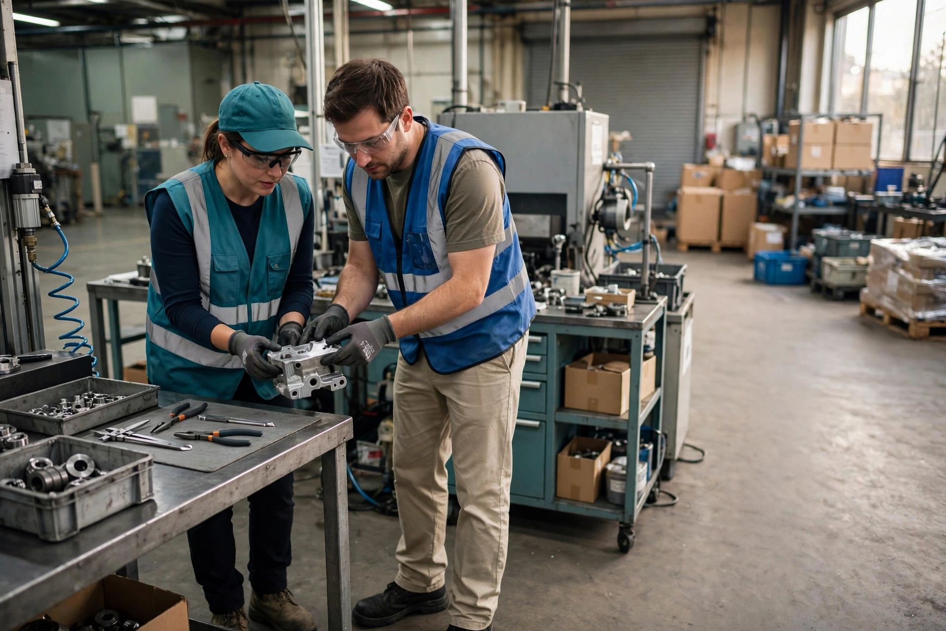 A man and woman in safety vests and glasses inspect a metal component in a factory work cell.