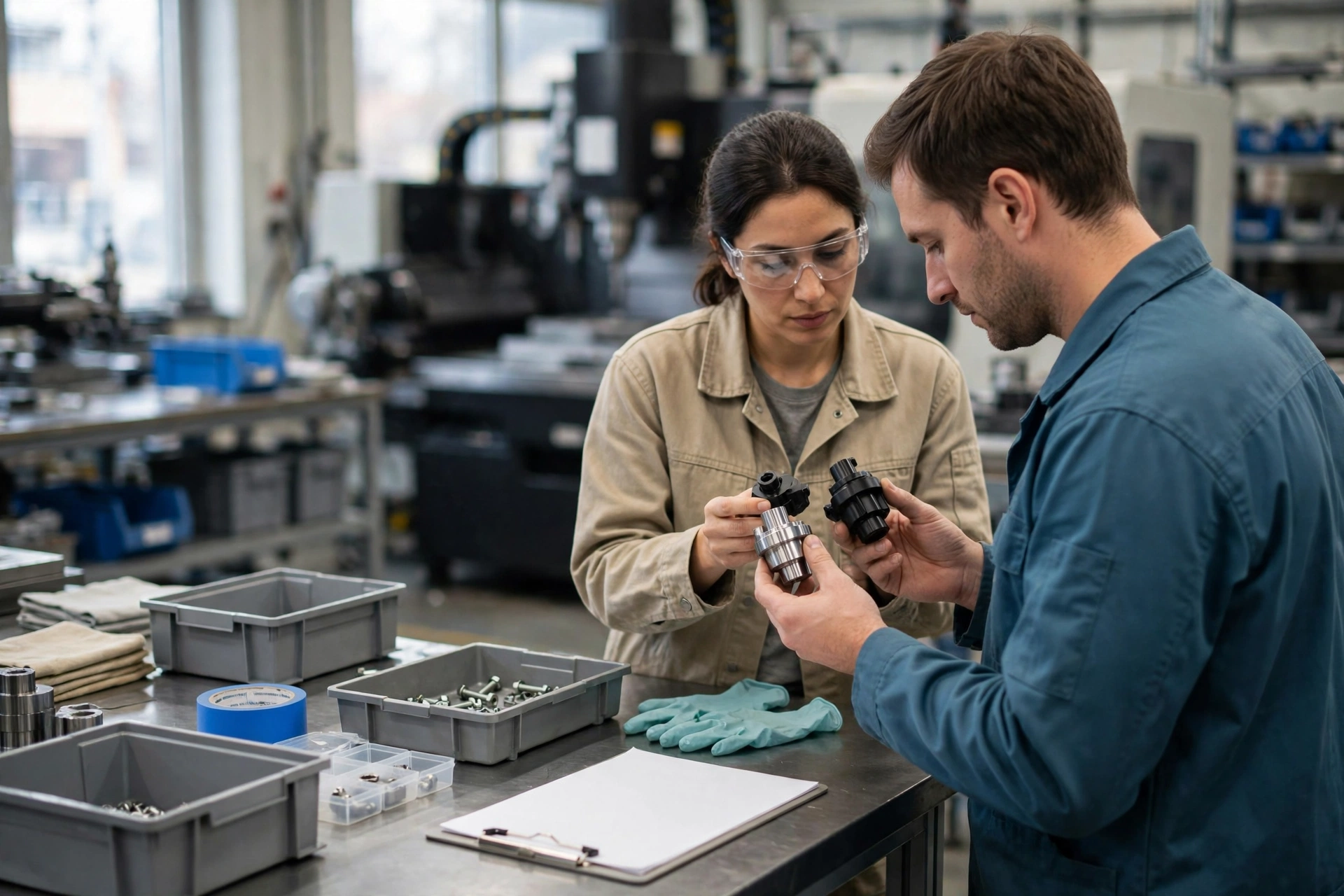 A man and a woman in a manufacturing setting compare two metal parts while standing at a workbench.