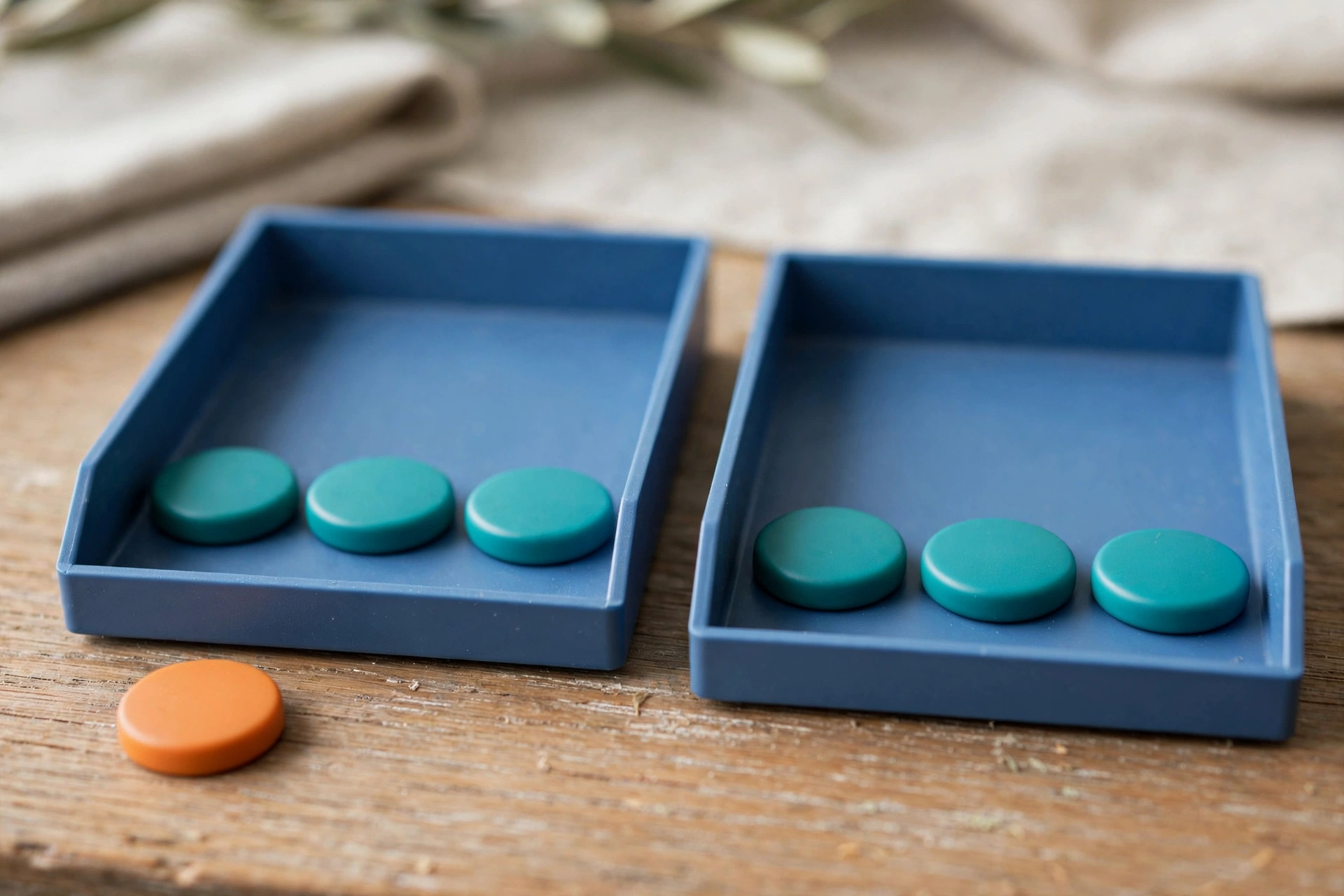 Two blue sorting trays sit on a wooden surface, each containing three teal tokens, with a single orange token placed outside the left tray.
