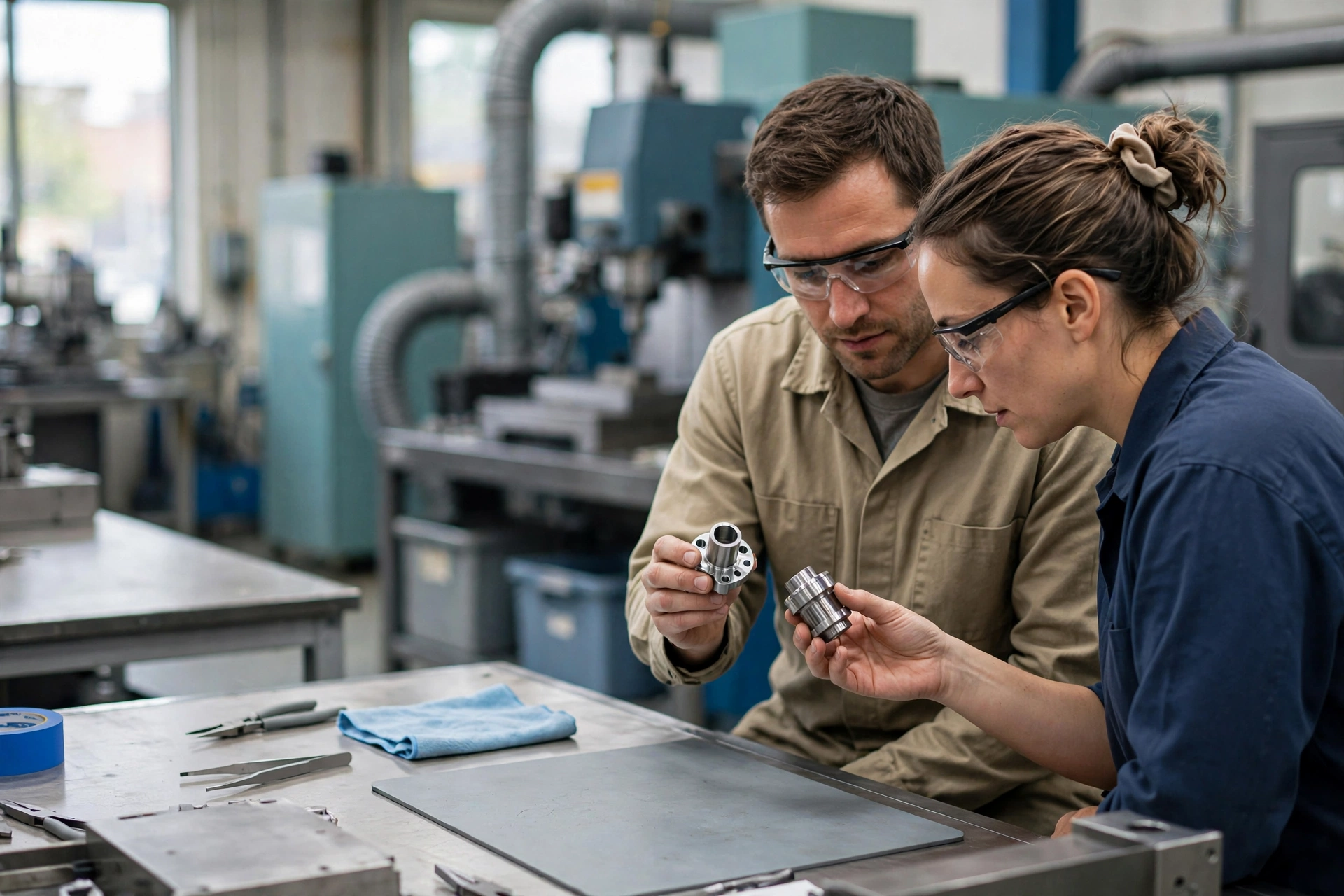 A man and a woman in safety glasses compare two metal parts at a workbench in a manufacturing facility.
