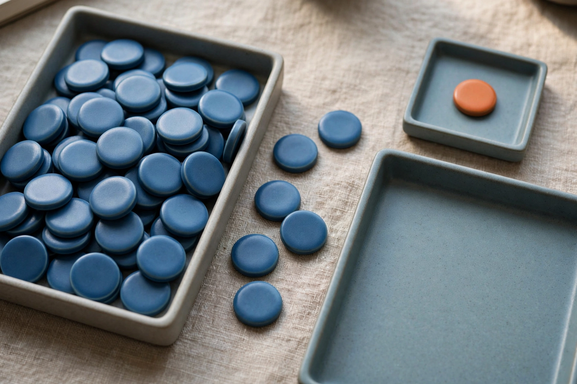 Three shallow trays hold blue ceramic tokens, with one tray containing an orange token, arranged on a textured surface.