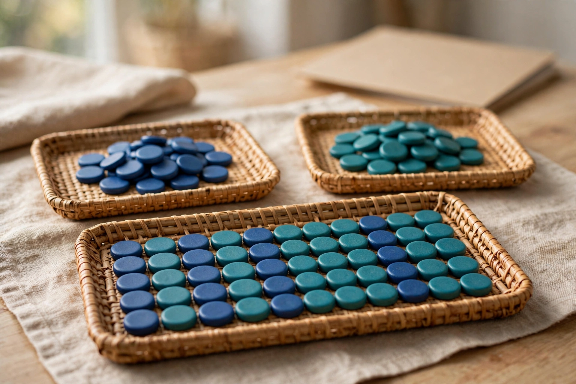 Three woven trays of blue and teal tokens are arranged on a table, with two trays holding separate piles and one tray displaying a neat sequence of both colors.