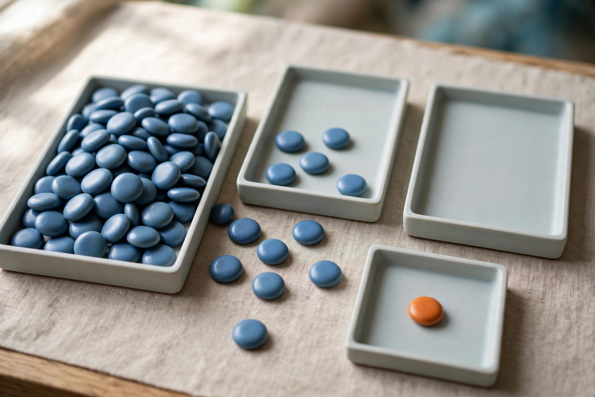 Three shallow trays hold blue ceramic tokens, with one tray containing an orange token, arranged on a textured surface.