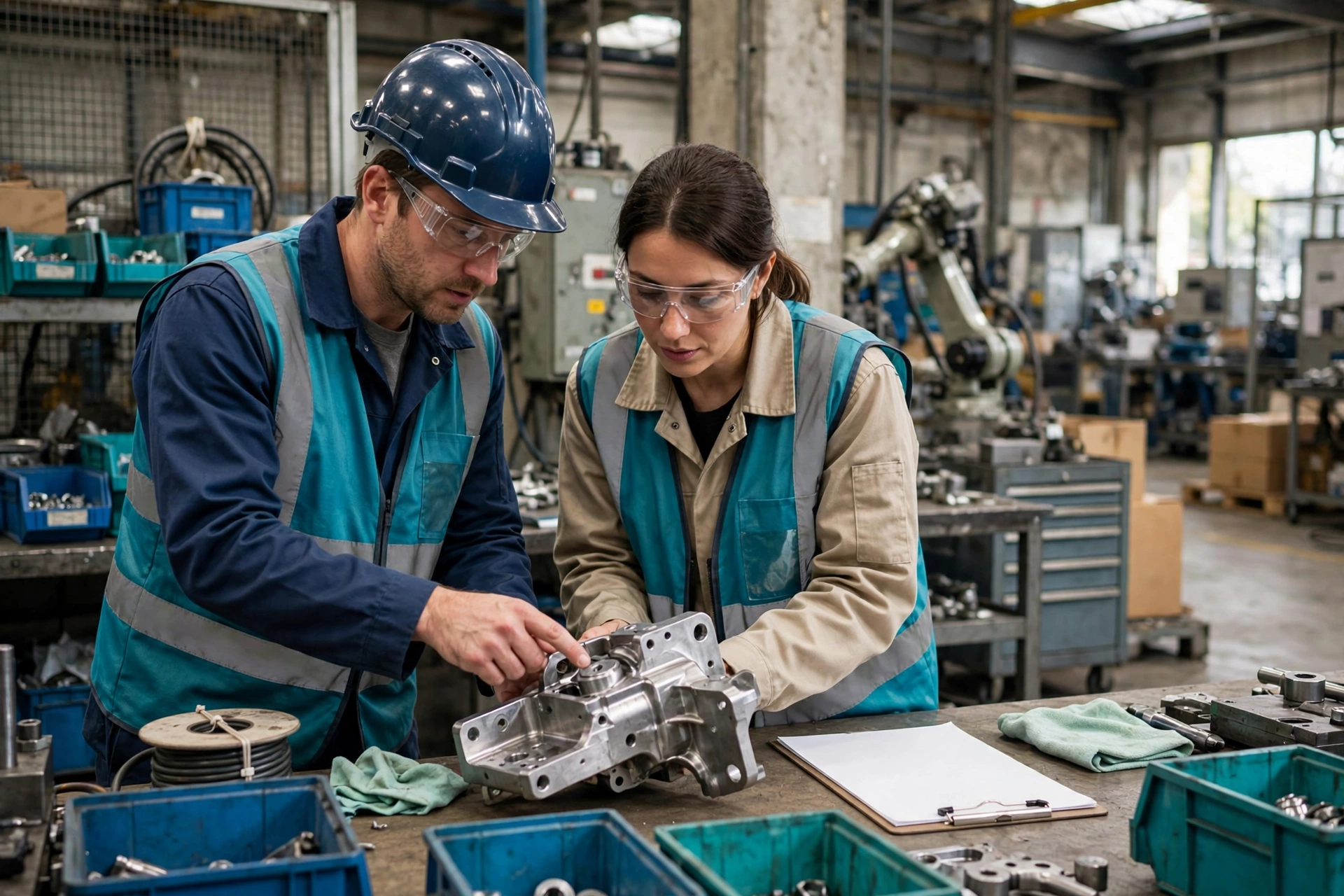 A man in a hard hat and a woman in safety glasses inspect a metal component in a factory work cell.