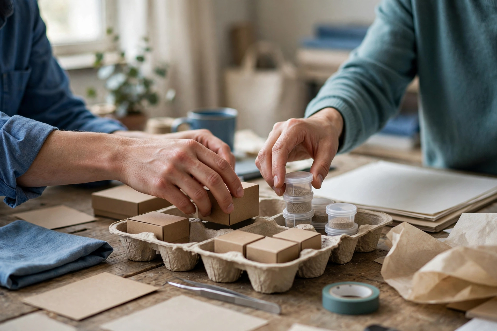 Two people's hands work together on a wooden table, arranging small boxes and vials of material in a studio setting.