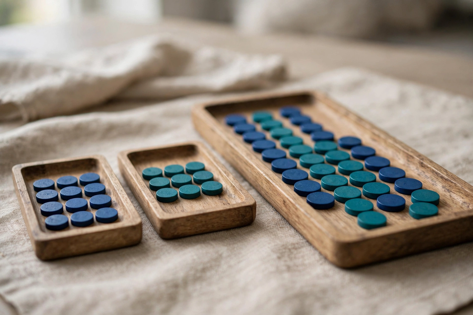 Three wooden trays with blue and teal tokens are arranged on a textured surface, symbolizing data consolidation.