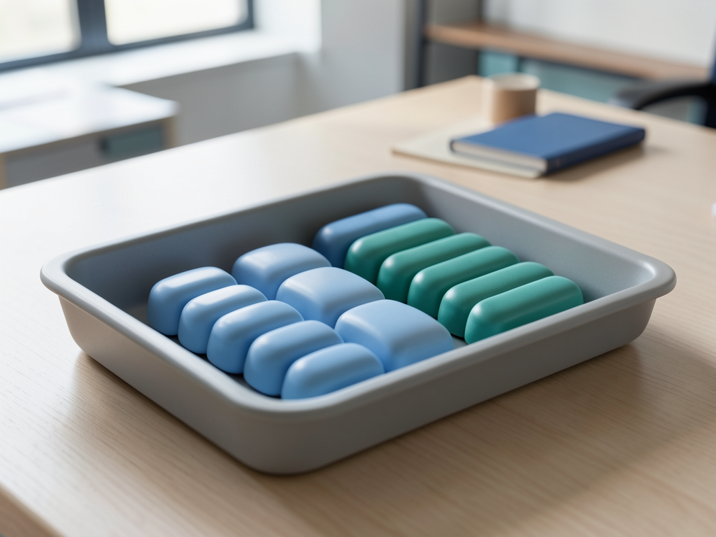 Two rows of blue and teal ceramic tokens converge into a single organized row in a gray sorting tray on a wooden desk.
