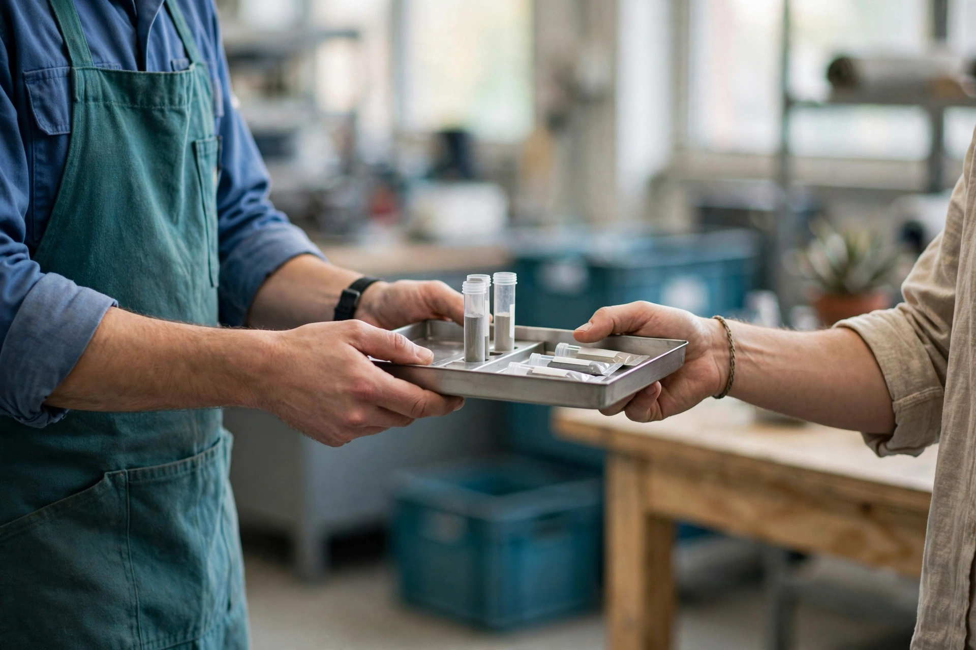 A person in an apron hands a metal tray with small vials to another person in a workshop.
