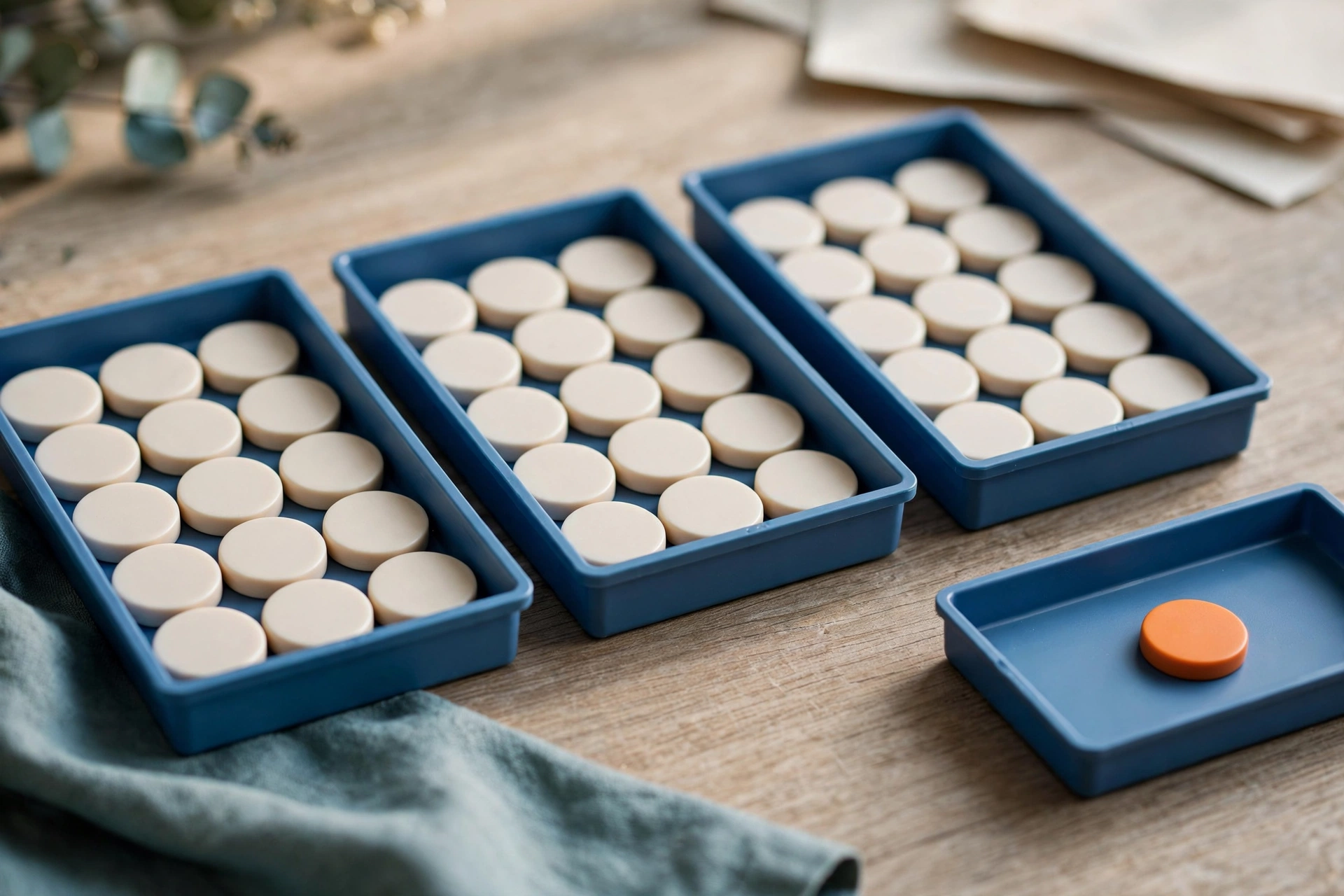 Three blue sorting trays hold white tokens, and a fourth blue tray holds a single orange token on a wooden surface.