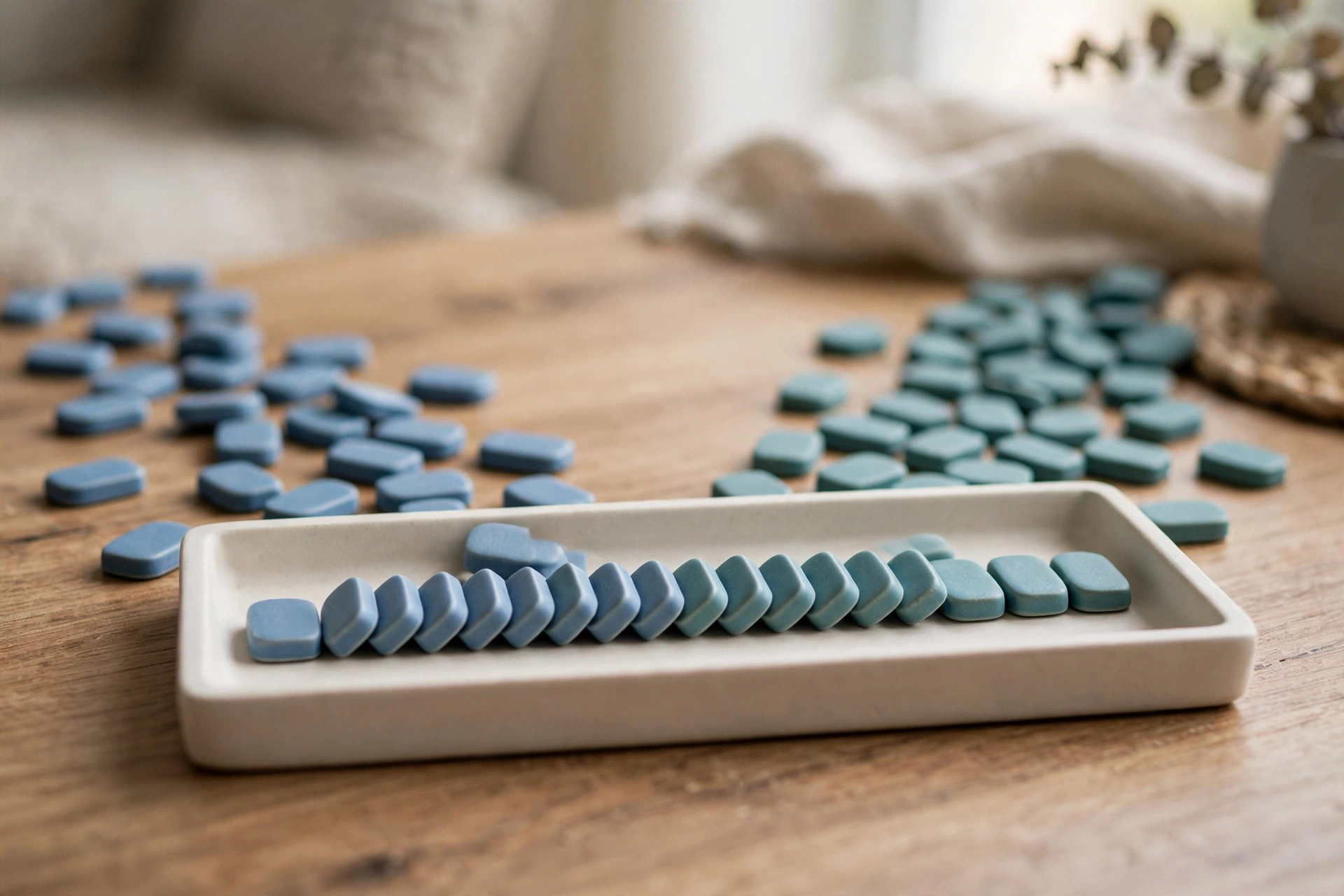 Two streams of blue and teal tokens converge into a single row in a tray on a wooden surface.