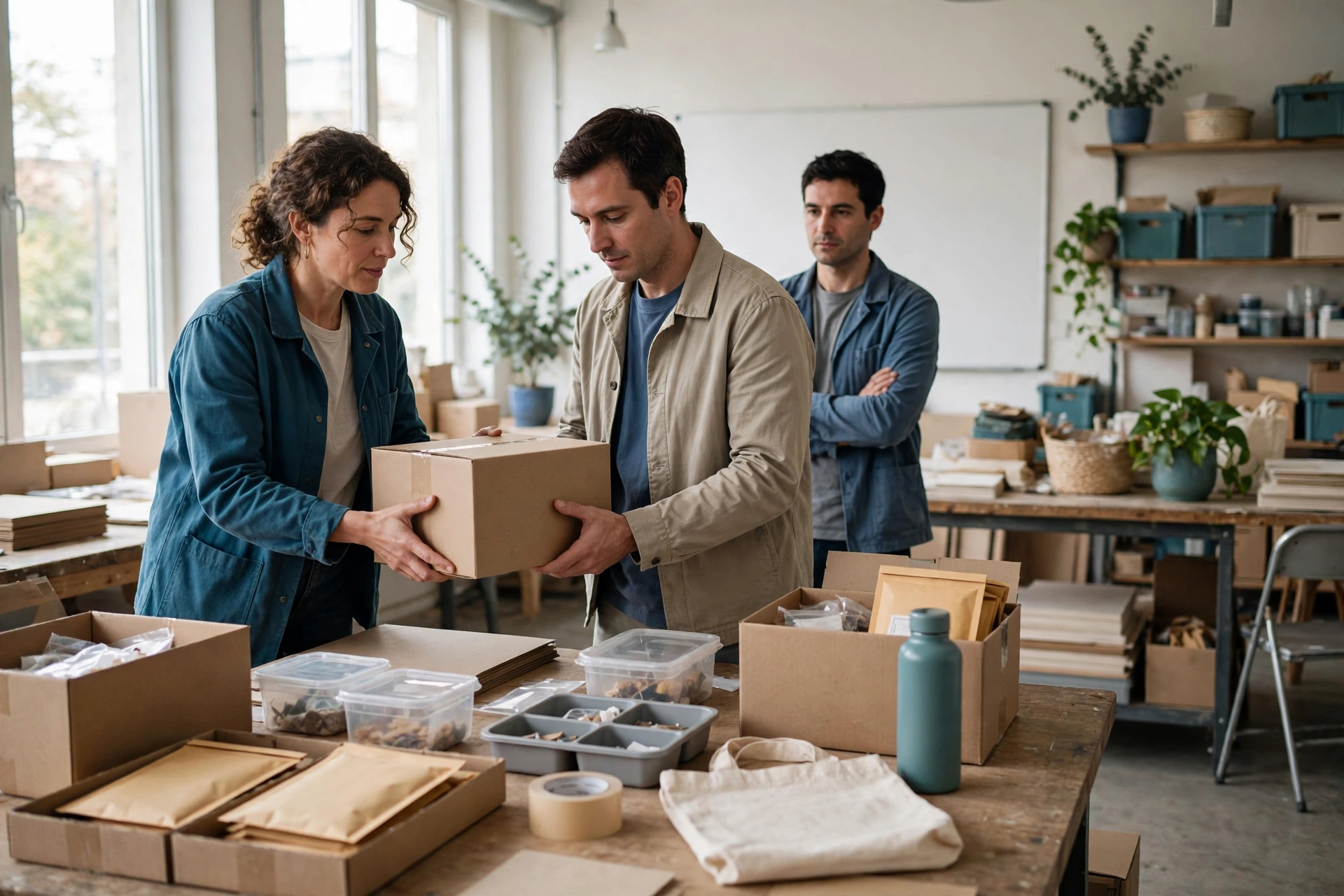 A woman hands a box to a man while another man watches, in a bright studio with shelves of supplies.