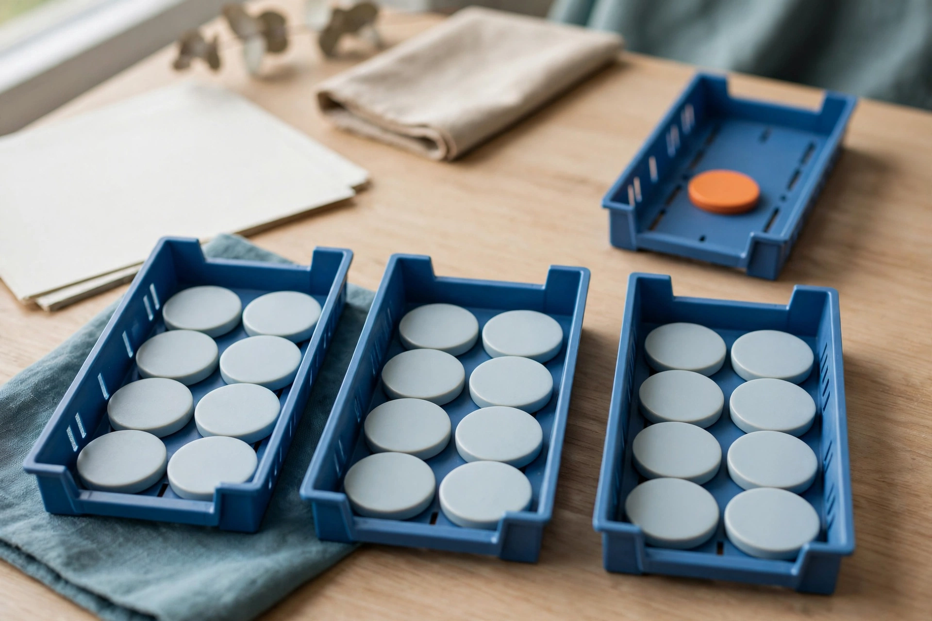 Three blue sorting trays hold gray tokens, with a fourth tray containing a single orange token, arranged on a wooden desk.