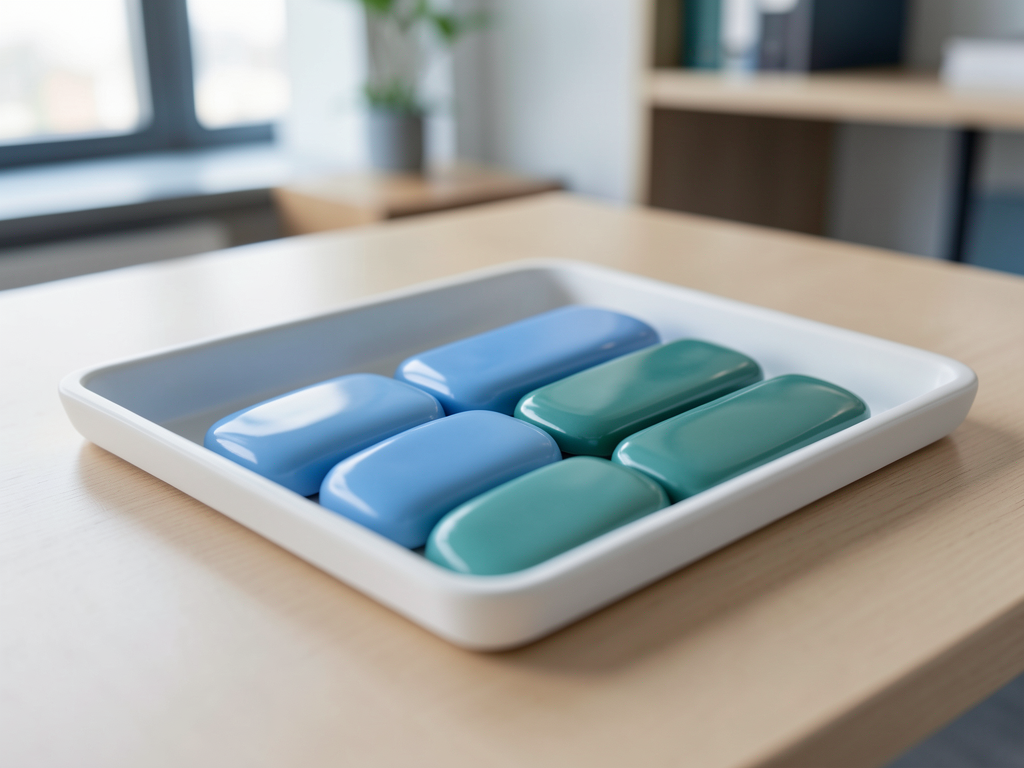 Two groups of blue and teal tokens are arranged in a white tray on a wooden desk, representing integration.