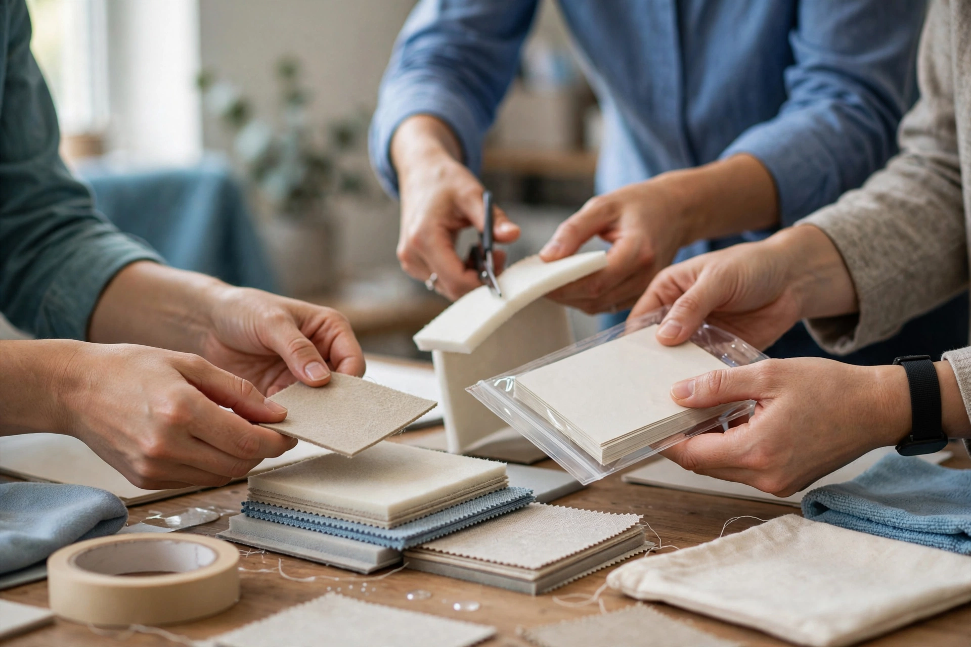 Three people's hands are visible as they arrange and cut material samples on a wooden table.