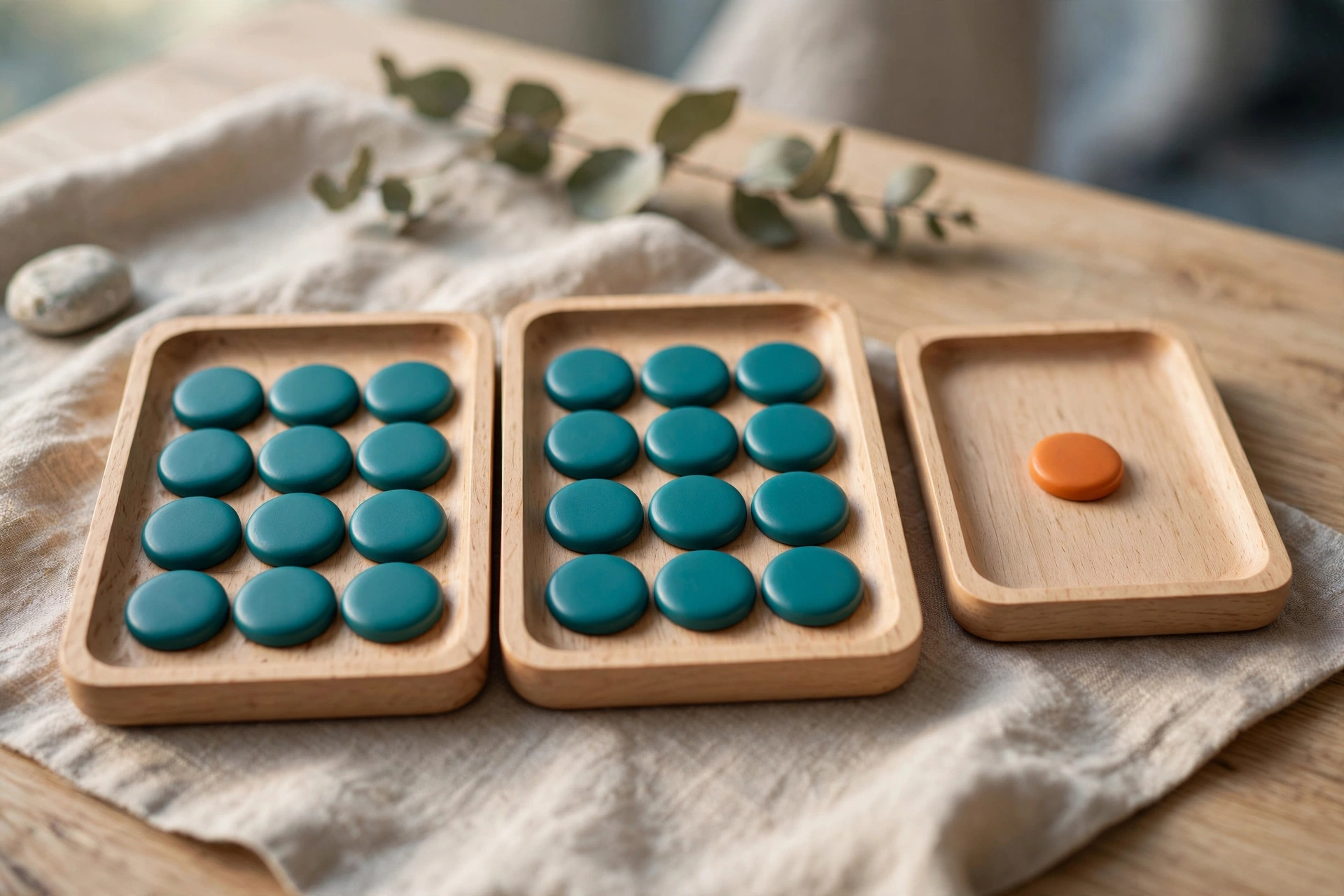 Three wooden trays with teal and orange tokens are arranged on a textured cloth, symbolizing data reconciliation.
