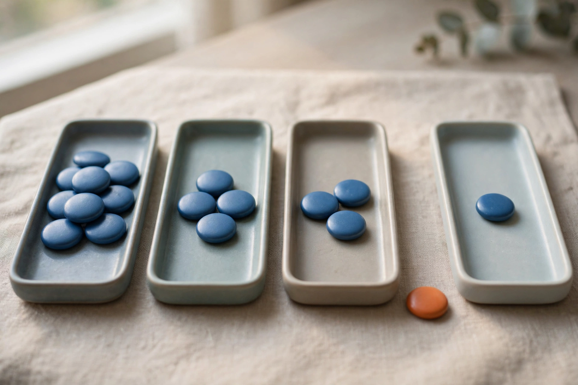 Four shallow trays with blue tokens and one orange token arranged on a textured surface.