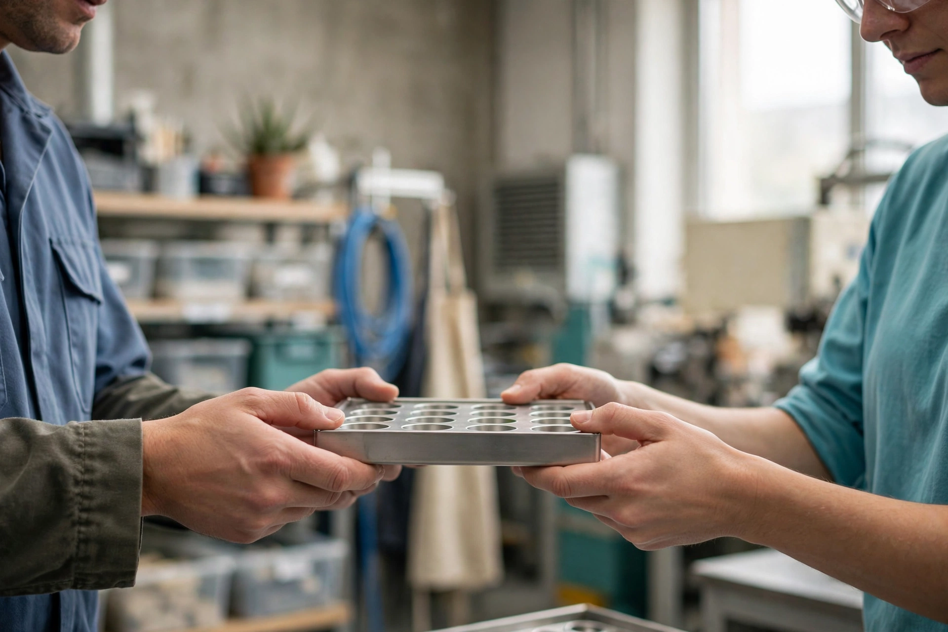 A plant operations colleague hands a sample tray to a customer-facing teammate in a manufacturing workshop.